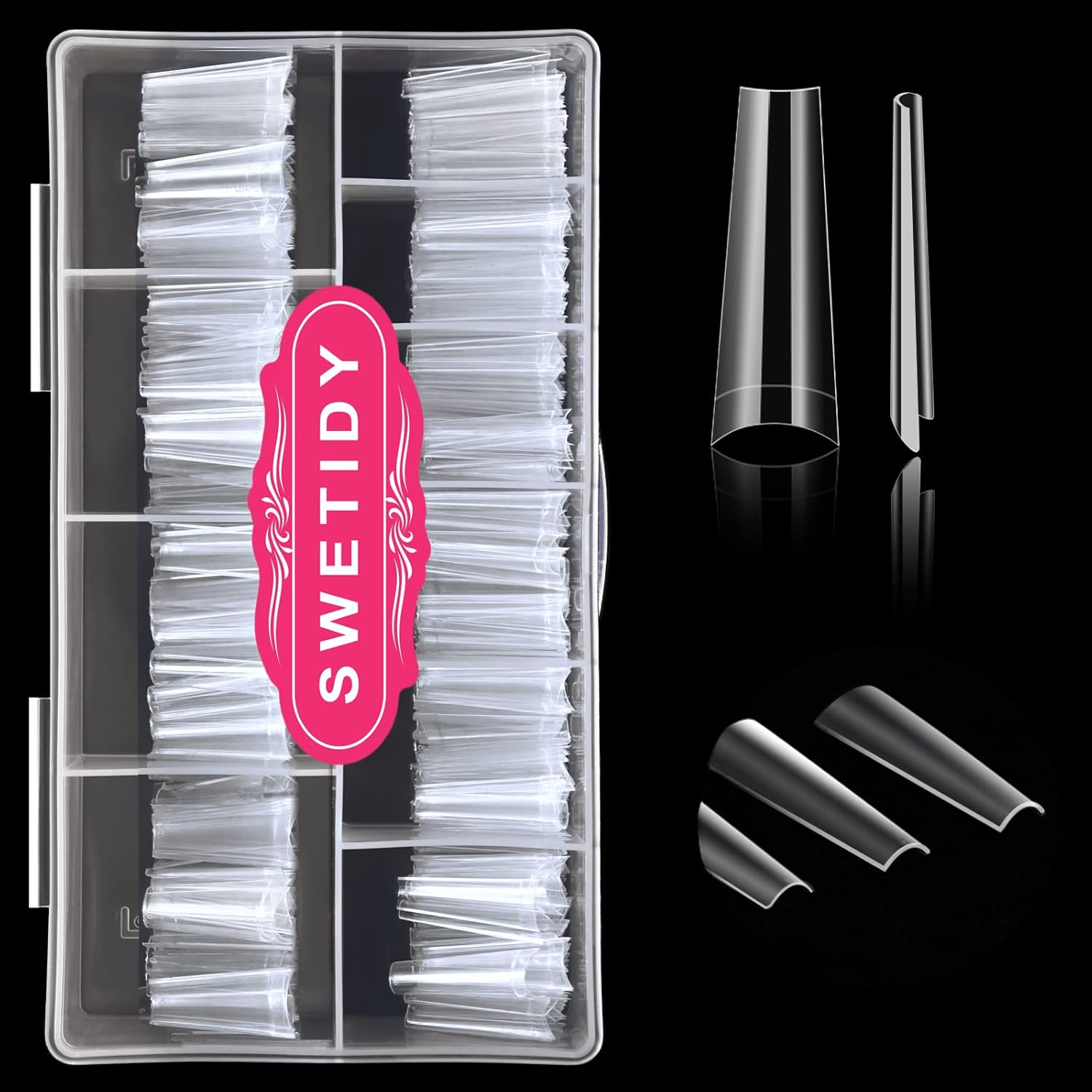 SWETIDY 500Pcs No C Curve Coffin Nail Tips, Clear Long Coffin Shaped Acrylic Fake Nails Flattened Half Cover False Nails with Box for Nail Salon Professional and DIY Nail Art 10 Sizes image number 4