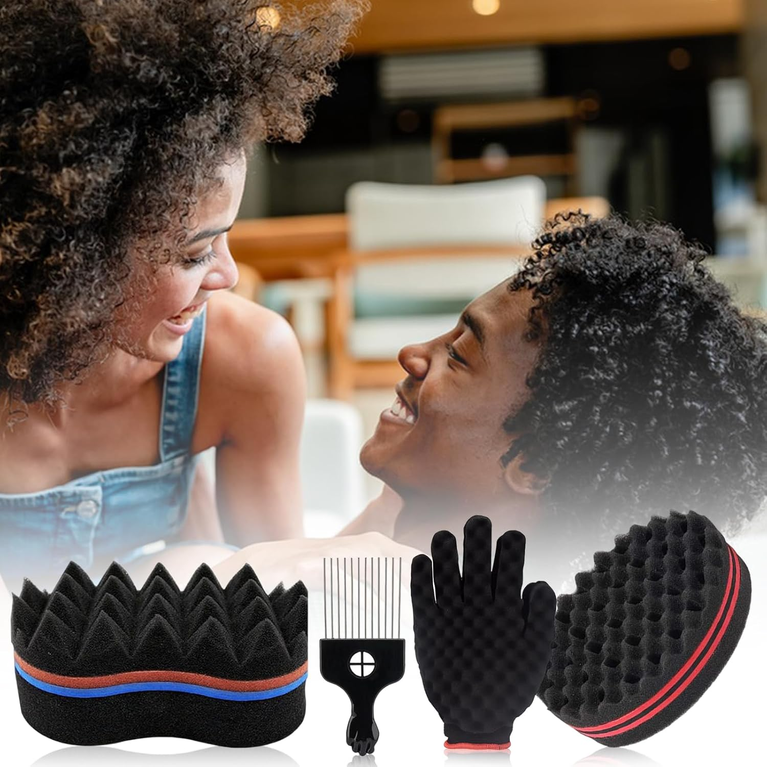 Fahibin 2 Pcs Holes Hair Sponge, Big and Small Holes Hair Sponge Brushes,Afro Coils Hair Curls Brushes,Sponge Hairbrush,Hair Sponge with Metal Combs and Curler Gloves image number 4