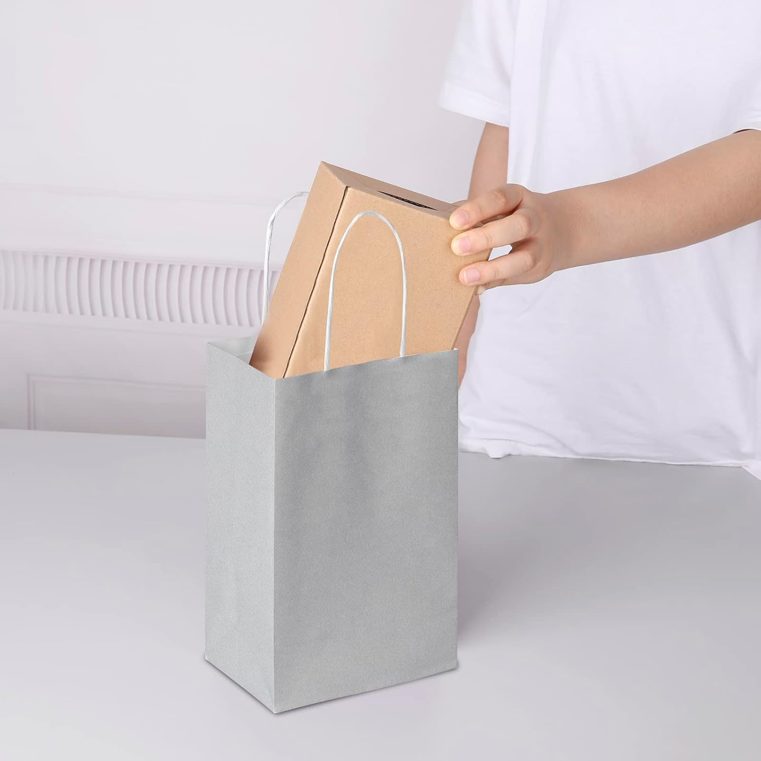 Oikss 100 Pack 5.25X3.25X8.25 Inch Small Kraft Bags with Handles Bulk, Paper Bags Birthday Wedding Party Favors Grocery Retail Shopping Business Goody Craft Gift Bags Cub Sacks (Silver Grey 100 Count) image number 1