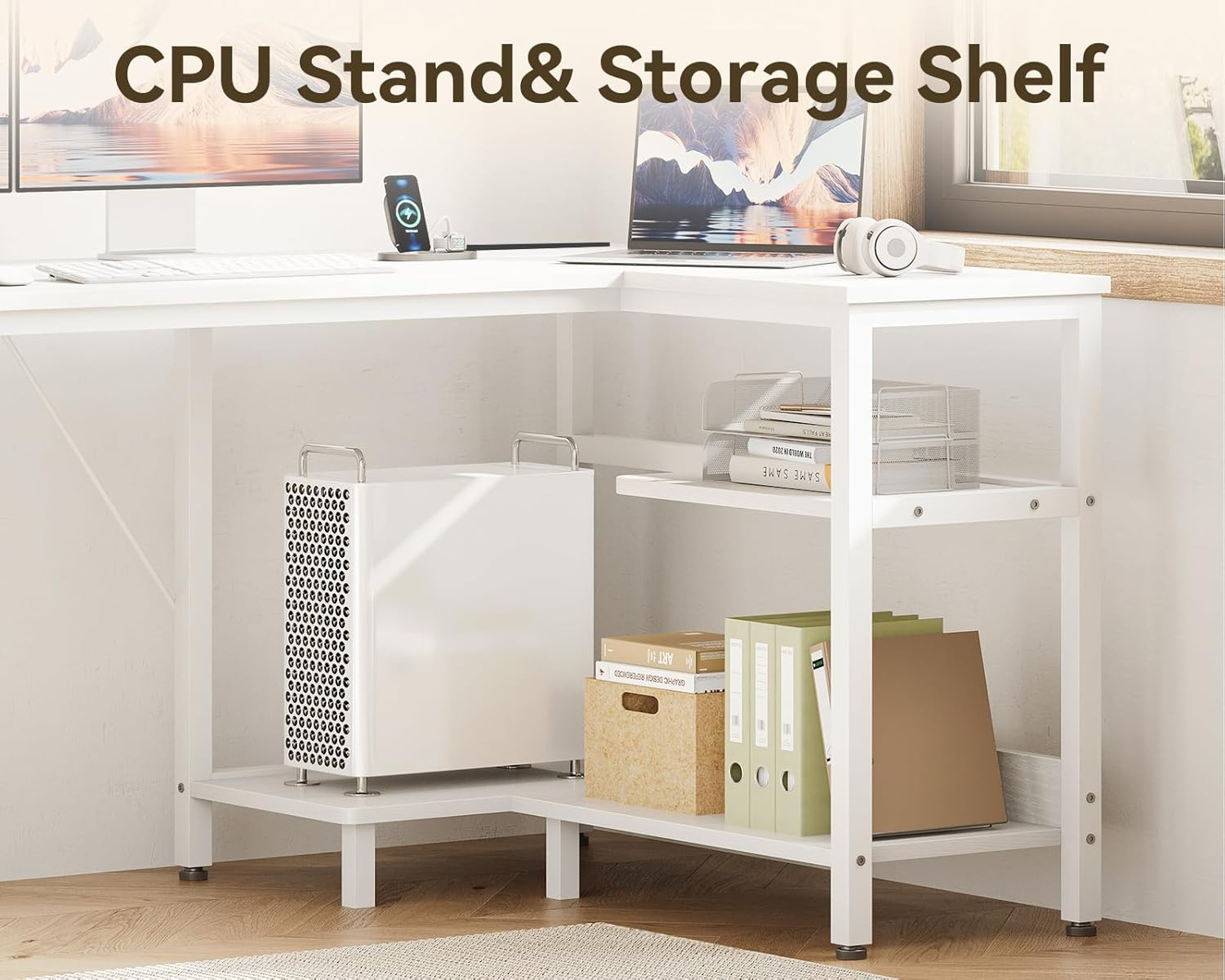 ODK 63Inch L Shaped Computer Desk with Power Outlet & Large File Drawer, Home Office Desk with Reversible Storage Shelves,Corner Desk for Home Office Bedroom Study Work,160 * 80 * 75.7Cm, White image number 4