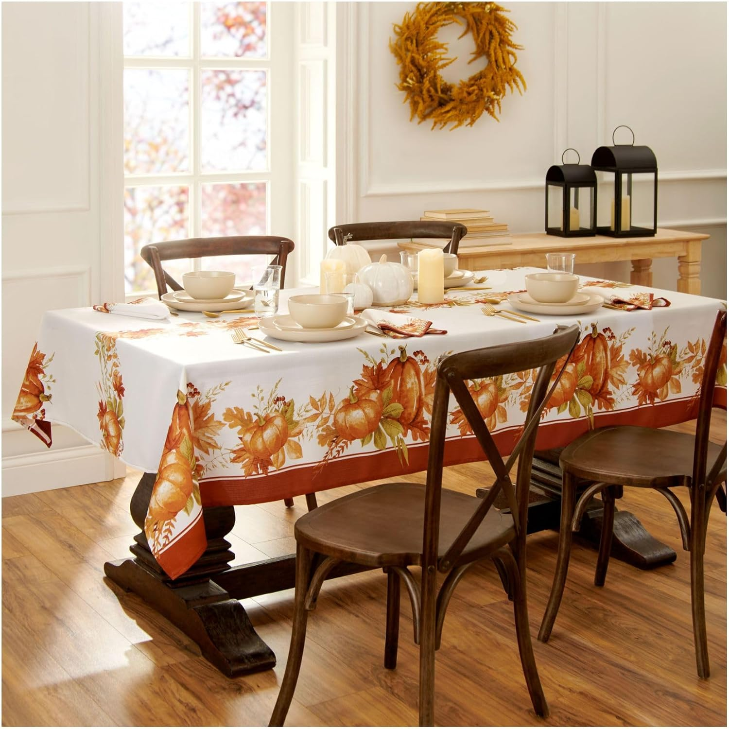 Elrene Home Fashions Autumn Pumpkin Grove Wrinkle Resistant Tablecloth, 60"X120" Rectangle, Multi Color