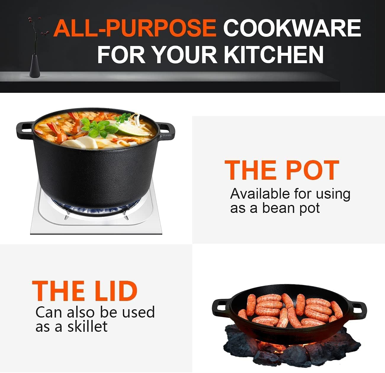 2-In-1 Cast Iron Dutch Oven Set, Pre-Seasoned Dutch Oven Pot with Lid and Dual Handles, for Bread, Frying, Cooking, 5-Quart