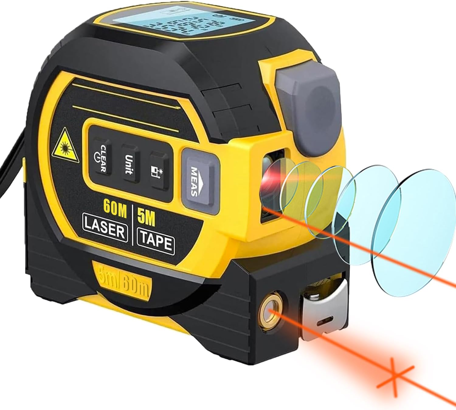 Chamgeco Almighty Ruler Laser Rangefinder, 3-In-1 Infrared Laser Tape Measure, 60M Digital Retractable Laser Measuring Sight with 5M Measuring Tape, Handheld Tape Measure Tool with Large LCD Display image number 1