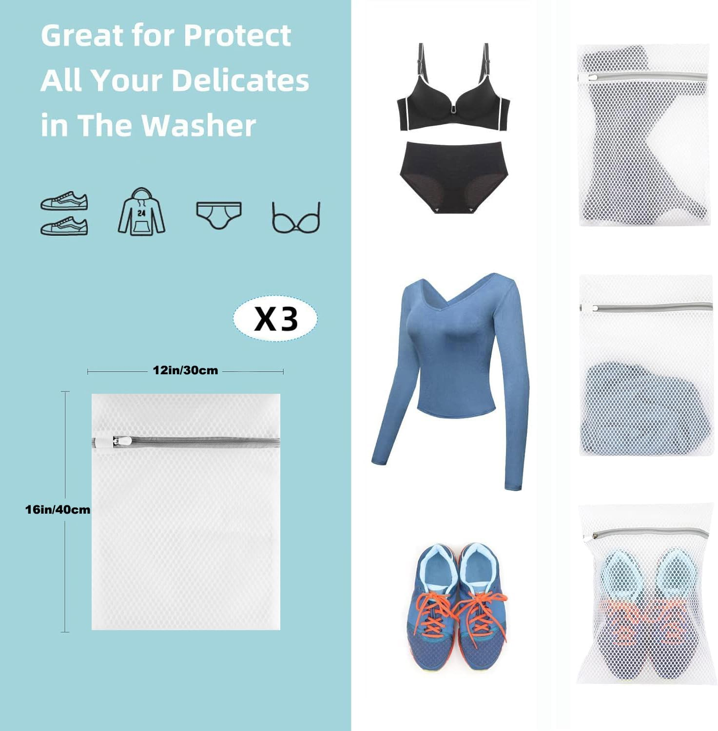 Aieve 3 PCS Honeycomb Mesh Laundry Bags, 12 X 16 Inch Durable Washing Bag for Smalls, Clothing, Footgear, Travel Storage Organize Bag (3 Medium) image number 4