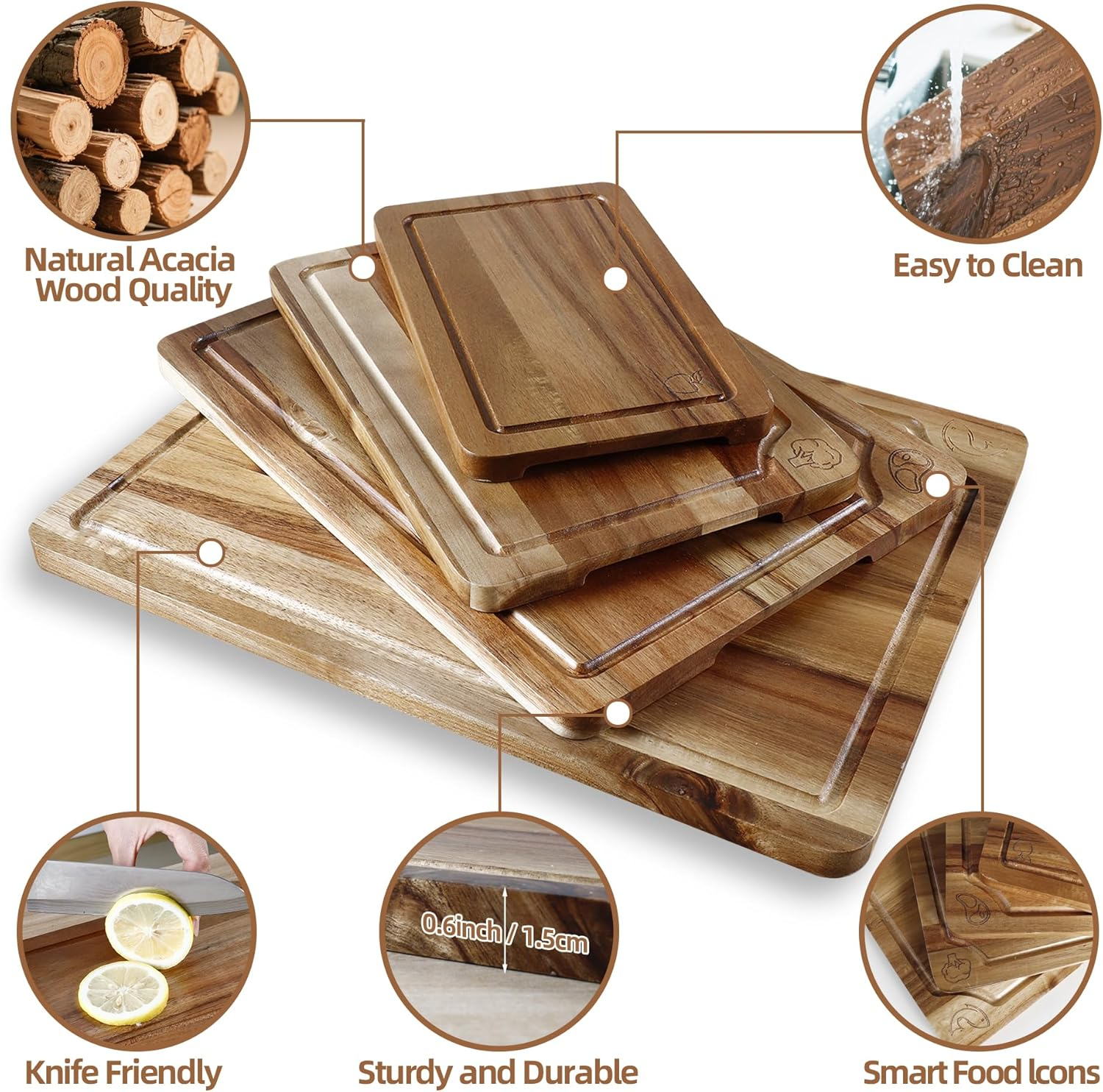 TJ POP Acacia Wood Chopping Board Set of 4, Wooden Chopping Boards with Food Symbols for Kitchen, Charcuterie Board for Meat, Vegetables, Fruits, Cheese image number 3