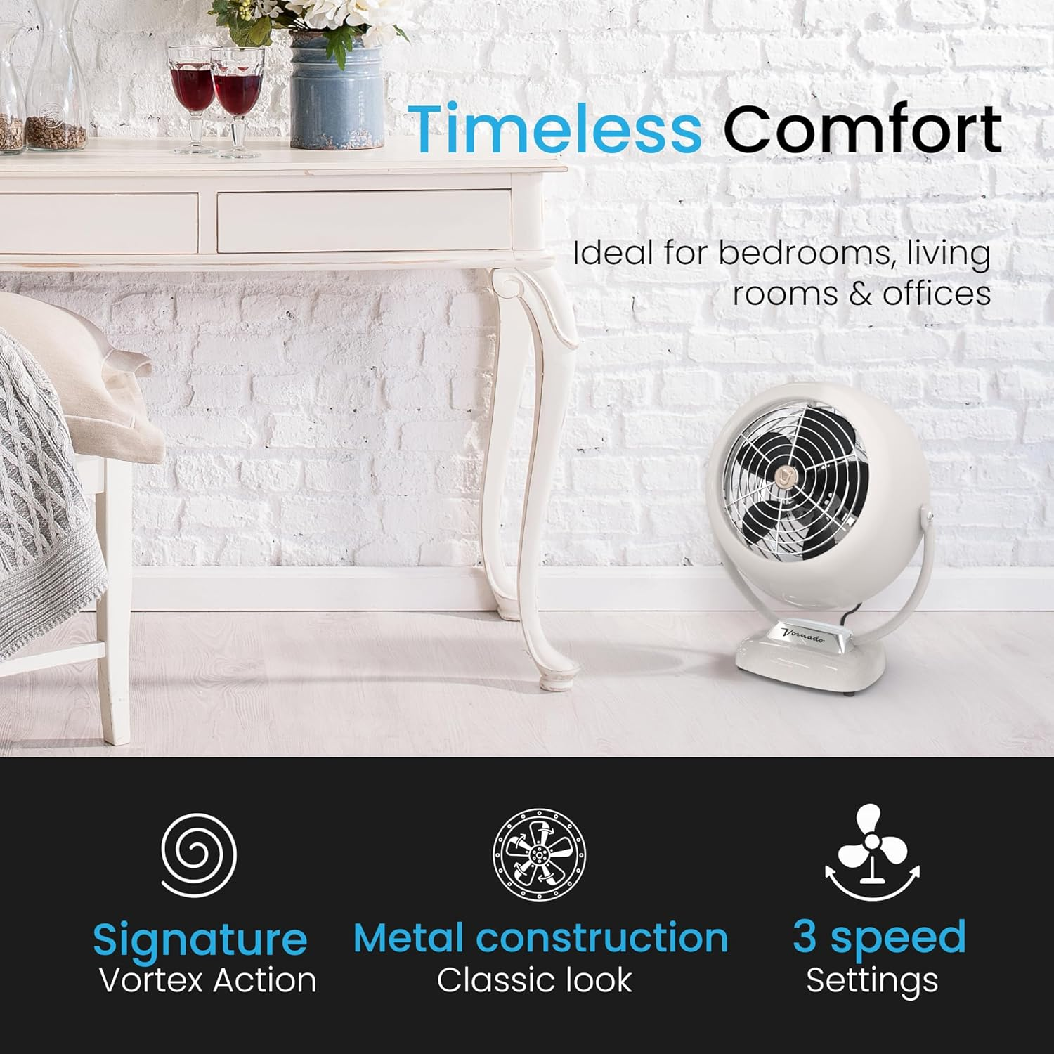 Vornado VFAN Vintage Whole Room Air Circulator &ndash; Metal Retro Design &ndash; Vintage White &ndash; 3 Speeds Dial Control &ndash; Adjustable Tilt Head &ndash; Powerful Vortex Airflow for Bedrooms, Living Rooms & Offices image number 6