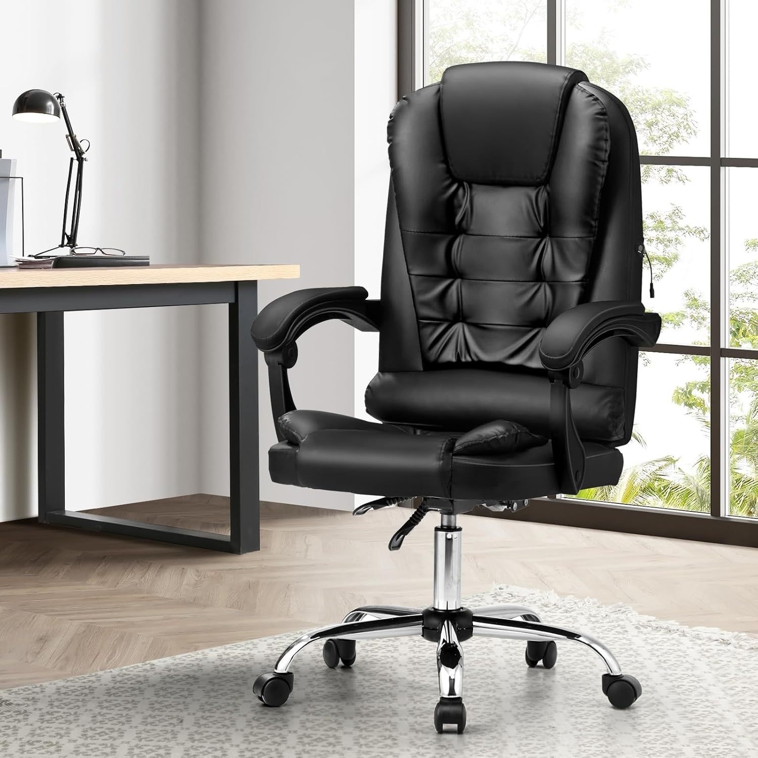 Oikiture Office Desk Chair with Pu Leather Cover and 90-150 Degrees Reclining Ergonomic Message Chair Black
