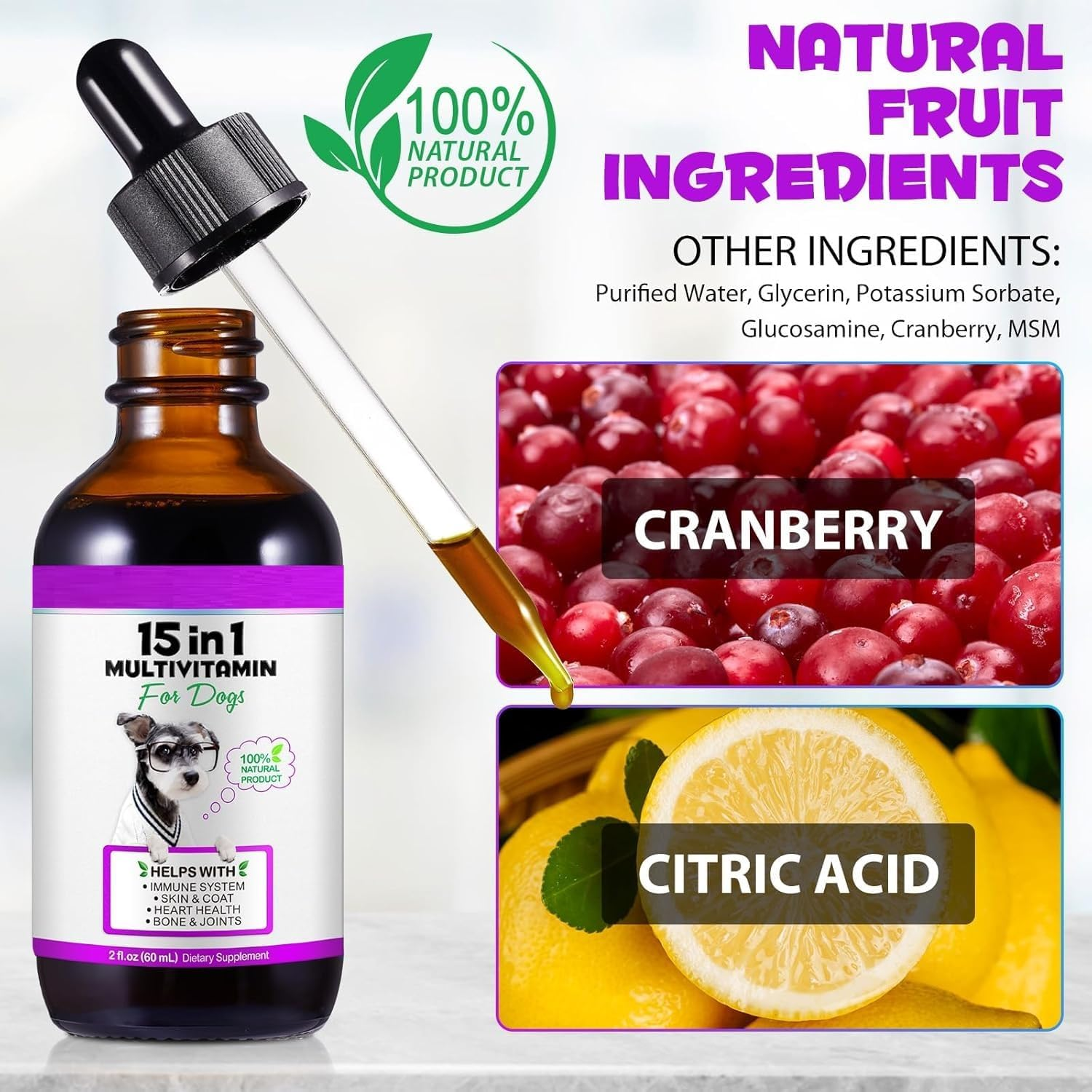 Dogs Natural Multivitamin - 15 in 1 Nutrition Vitamin Drops ● Supports Heart, Bones, Hip, Joint, Skin, Coat, Bladder, Digestive, Immune System ● Supplement with Bacon Flavor ● 60Ml image number 2