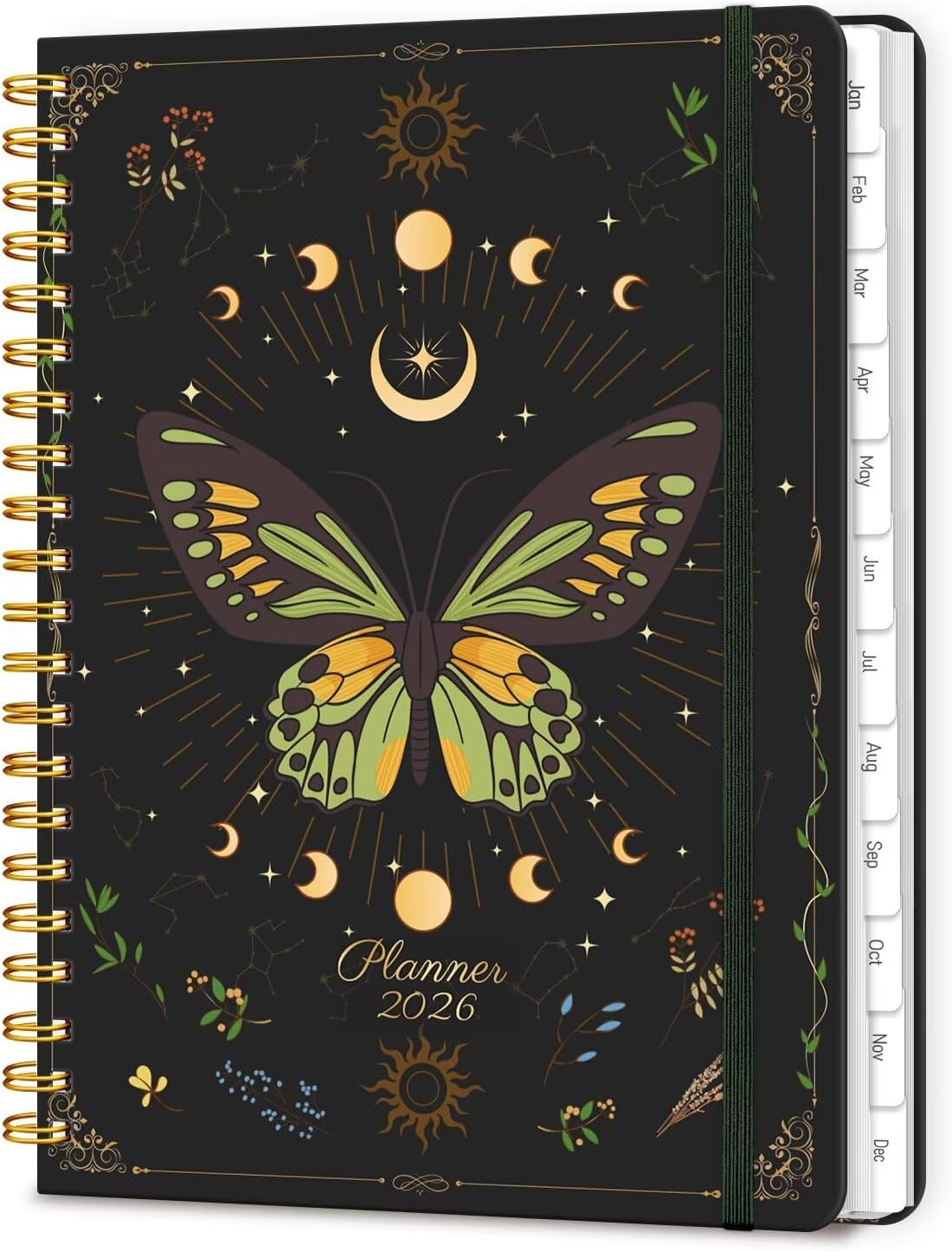 2026 Diary, A5 Weekly and Monthly Planners with Tabs, Spiral Bound Daily Calendar 2026 Planner, Agenda Organizers from Jan. to Dec., Hardcover Habit Tracker Journal 6.18" X 8.5" (Green Butterfly)