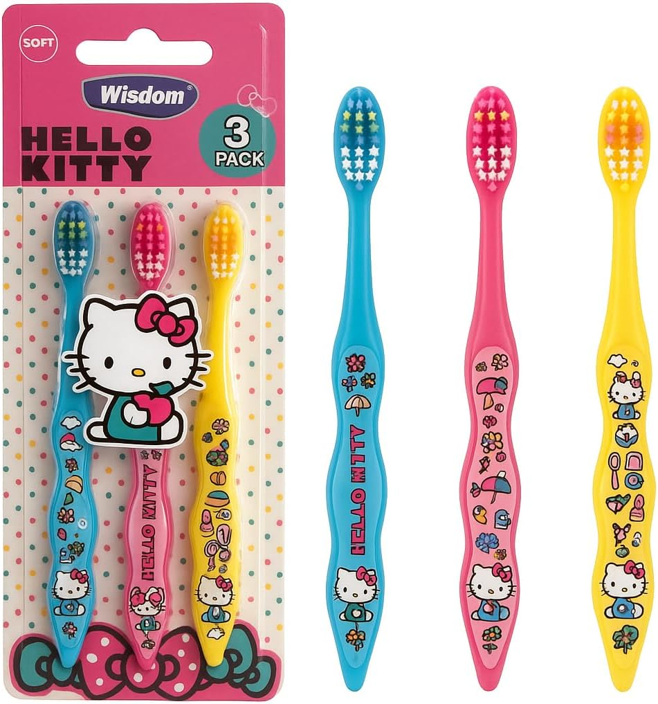 Wisdom Hello Kitty Kids Toothbrush &ndash; Official Licensed Character Design, Soft Bristles for Toddlers, Boys & Girls, Gentle Manual Toothbrush for Children&rsquo;S Dental Care, 3 Pack image number 4