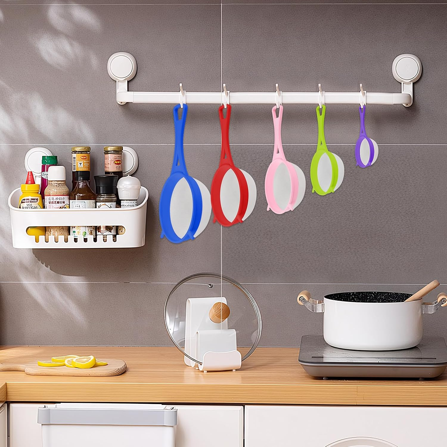 Pack of 5 Kitchen Strainers, Fine Mesh Plastic Strainer, Nylon Sieve with Stirrer, Flour Sieve for Tea, Rice, Fruit, Vegetables, Juice, Milk, Coffee, 6/8/12/15/17 Cm image number 5