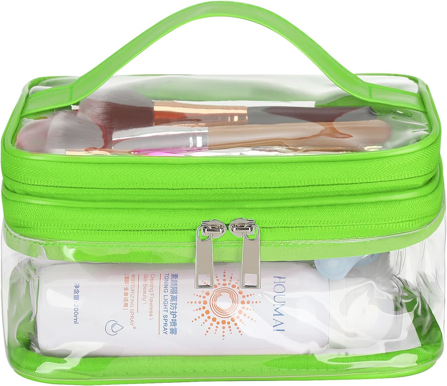 HAOGUAGUA Double Layer Clear Cosmetic Bag Makeup Bag, Waterproof Travel Toiletry Bag, Transparent PVC Pouch Organizer, Pink Large, Double Layer Clear Cosmetic Bag