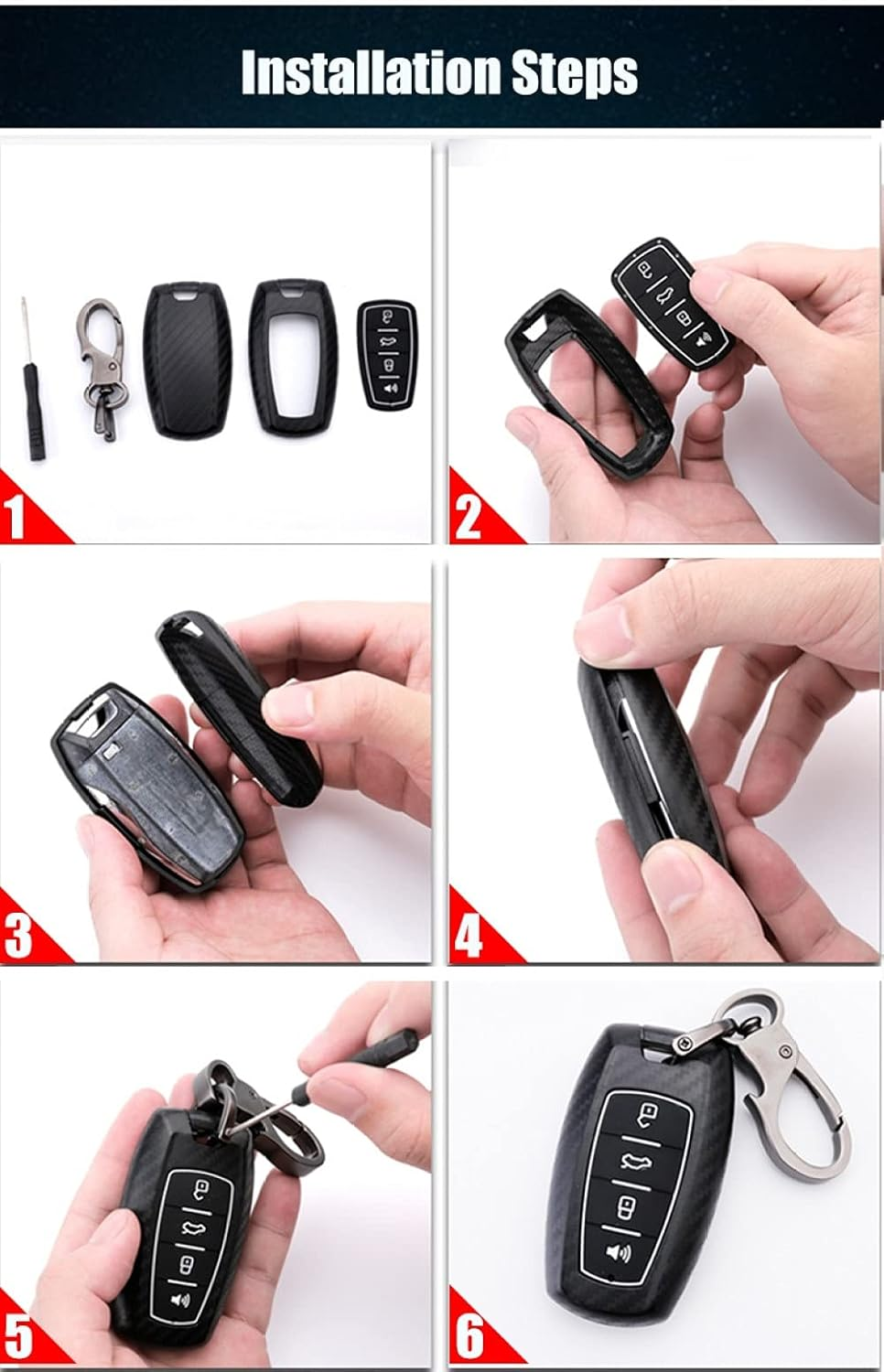 YJADHU Carbon Key Holder Key Chain Car Key Case Cover, Fit for Mitsubishi Outlander 3 Lancer 10 L200 ASX Colt Pajero Sport Eclipse Cross,3 Button Black image number 3