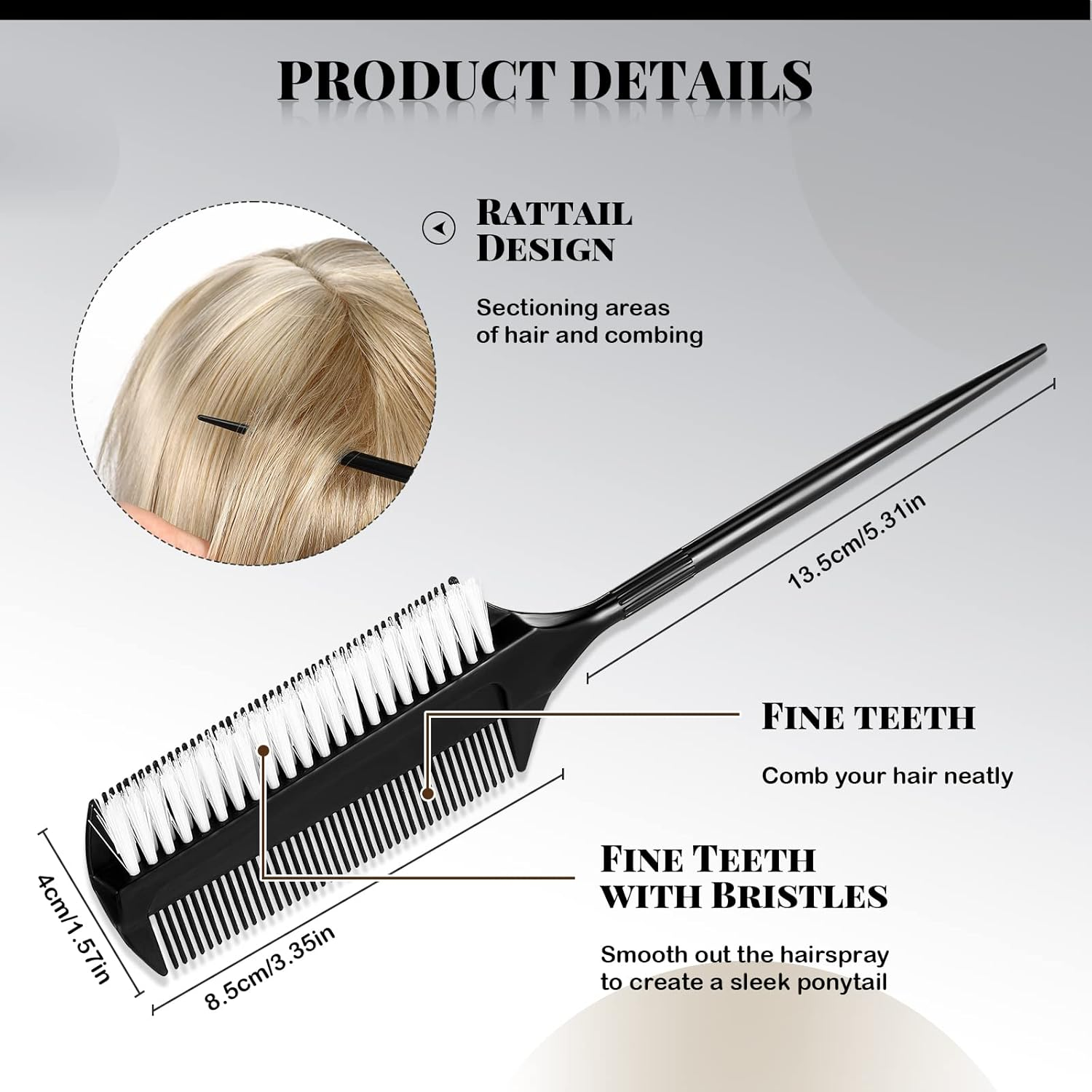 2 Pcs Black Smoothing and Sectioning Brush Set - Double-Sided Comb for Edge Teasing, Parting, and Ballroom Dancing Hairstyling image number 4