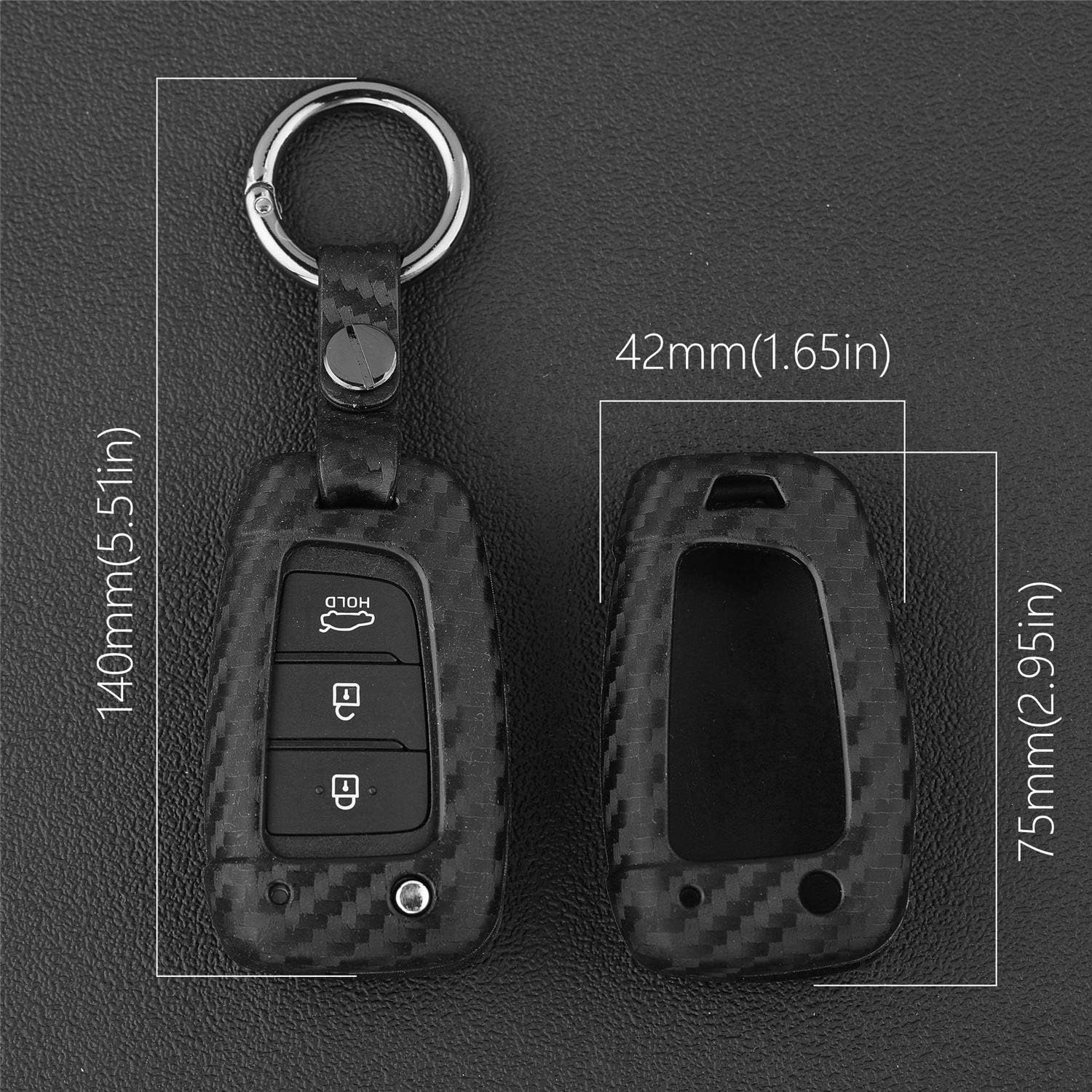 M.Jvisun Soft Silicone TPU Car Key Fob Cover for Hyundai Accent Elantra I30 I35 I40 Kona Santa Fe Solaris Tucson Veloster Auto Remote Key Protection Case - Carbon Fiber Pattern - round Keychain