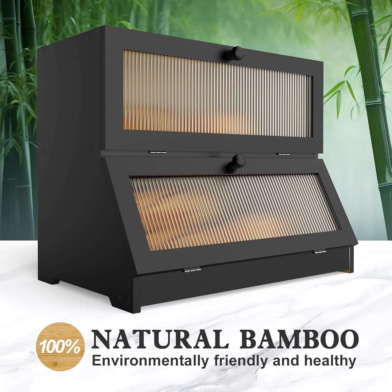 Black Bread Storage Container for Homemade Bread, Large Bread Box for Kitchen Countertop, Two Layer Farmhouse Breadbox Organizer for Kitchen Counter Corner, Cabinet, 39 * 24 * 32Cm image number 3