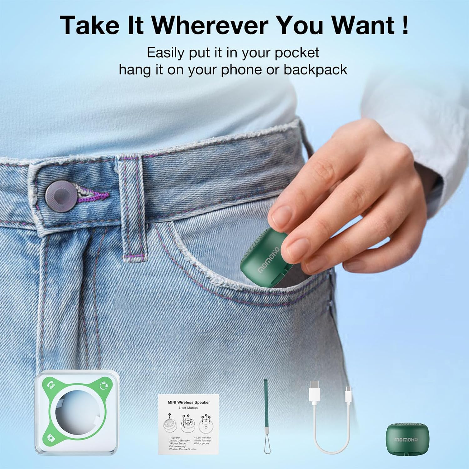 Momoho Mini Bluetooth Speaker - Small Size but Great Sound Quality,Photo Selfie Button & Answer Phone Calls,Bts0011 (Green) image number 6