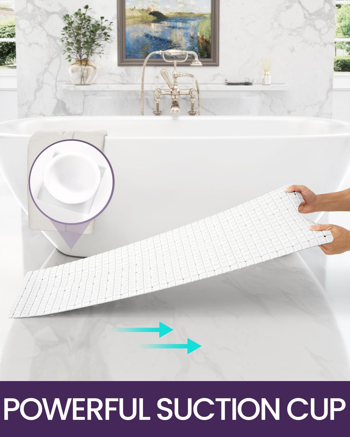 DEXI Bath Tub Shower Mat Non-Slip 16 X 39 Extra Long Bathtub Mats, Suction Cups, Drain Holes, Machine Washable Bathroom Mat, White image number 3