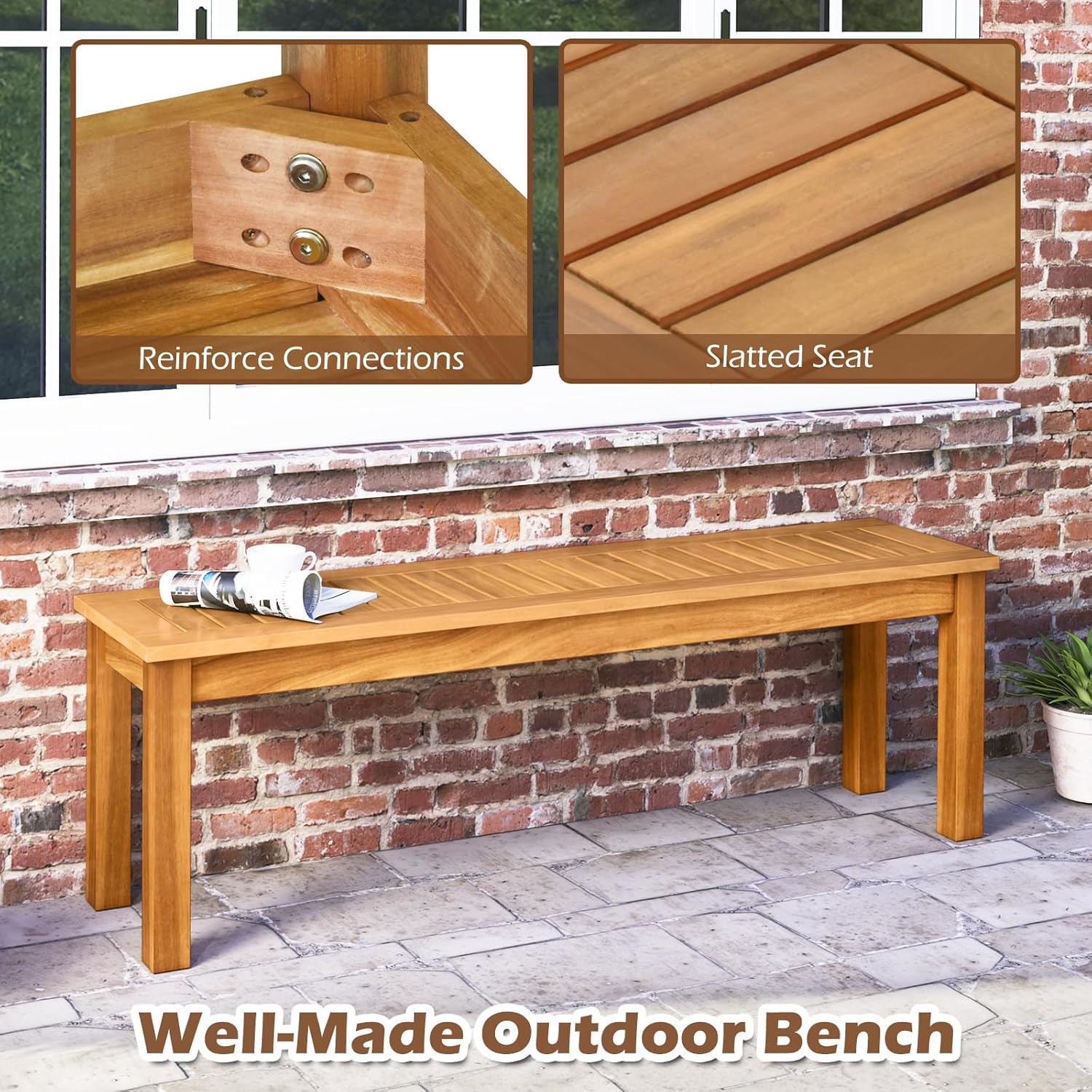 Acacia Wood Outdoor Bench, Patio Bench W/Slatted Seat & Solid Wood Legs, Outdoor Wooden Backless Bench for Entryway, Backyard, Porch, Garden, Natural Teak Color (Style 1)