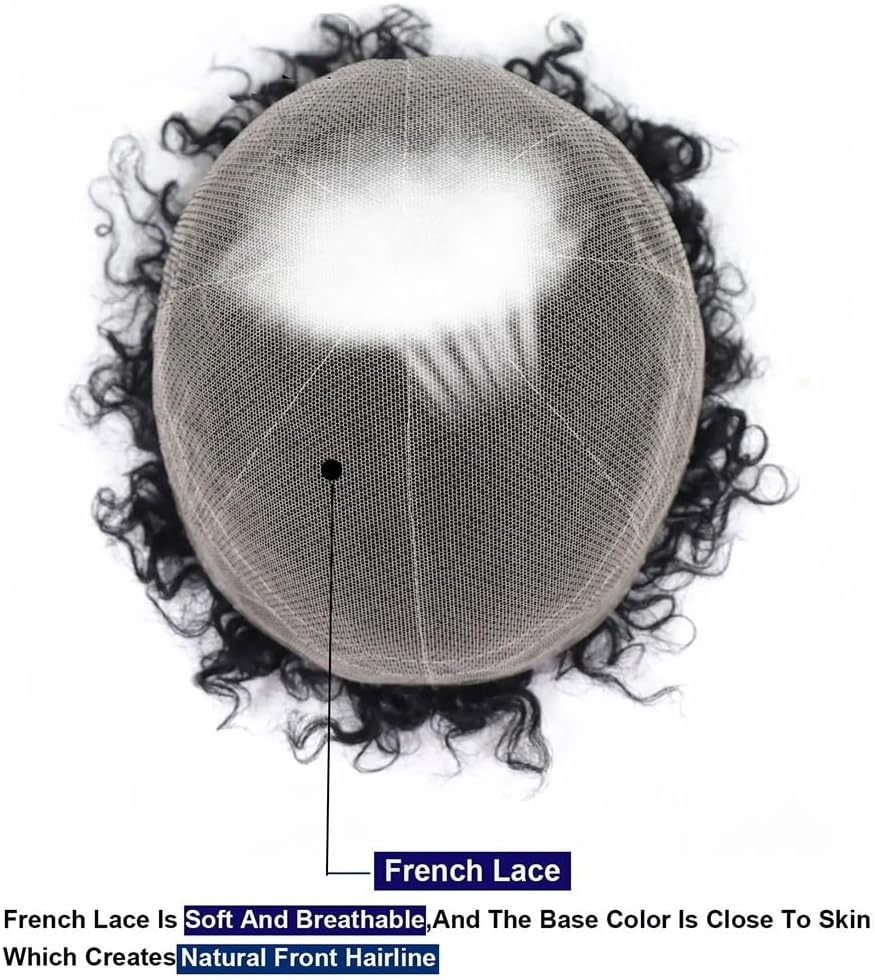 Replacement Afro Curly Mens Toupee Full French Lace Base Hair System 8"X10" Natural Hairline Mens Hair Prosthesis Systems image number 3