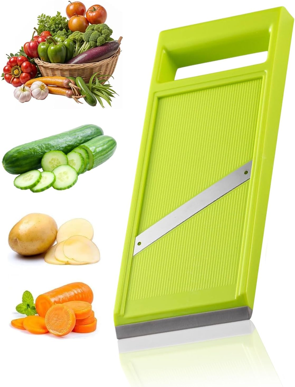 JUKOTA Vegetable Mandolin Cutter, Hand-Held Cucumber Slicer Made of Stainless Steel, Food Chopper with Ergonomic Handle, Portable Kitchen Slicer for Cheese, Onion, Potatoes (Green)