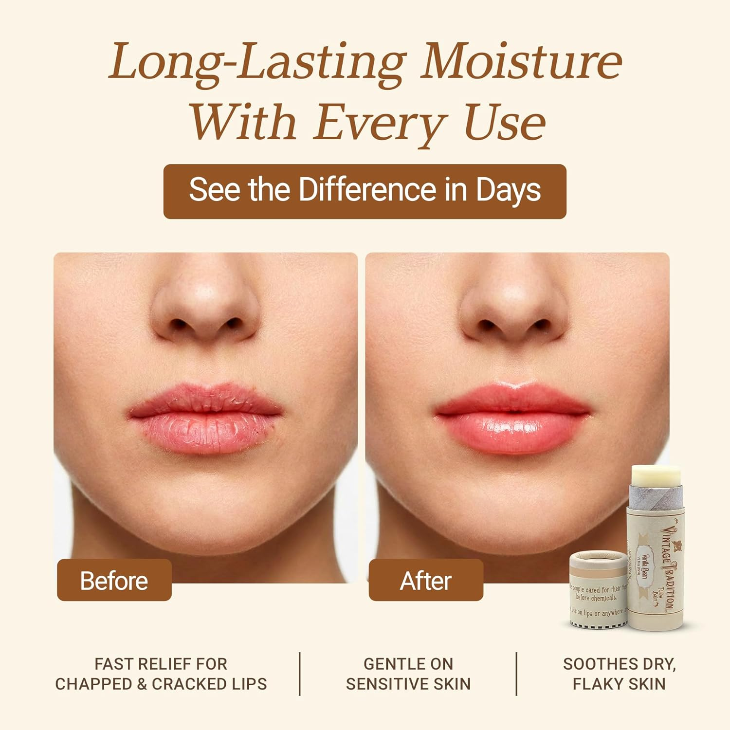 Moisturizing Beef Tallow Lip Balm &ndash; Tube Lip Moisturizer with Vanilla Extract Hydrates & Soothes Dry Lips &ndash; Grass-Fed Tallow Balm for Skin Care by Vintage Tradition, 0.5 Fl. Oz.