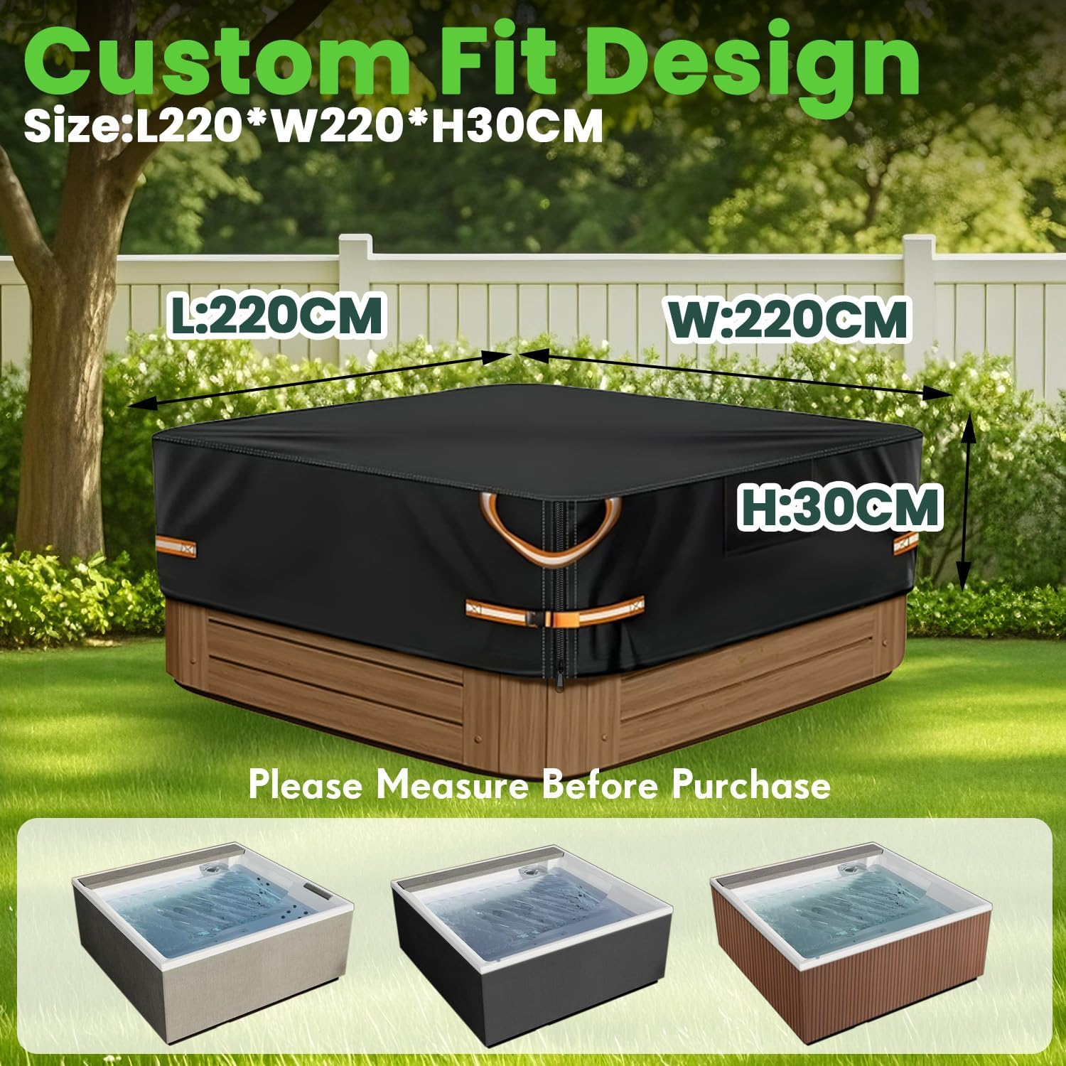 Hot Tub Cover Protector 600D Oxford Waterproof &ndash; Outdoor Square Spa Covers for Patio, Garden & Backyard, UV Resistant Dustproof Hot Tub Covers Replacement, Fits 220&times;220&times;30Cm image number 6