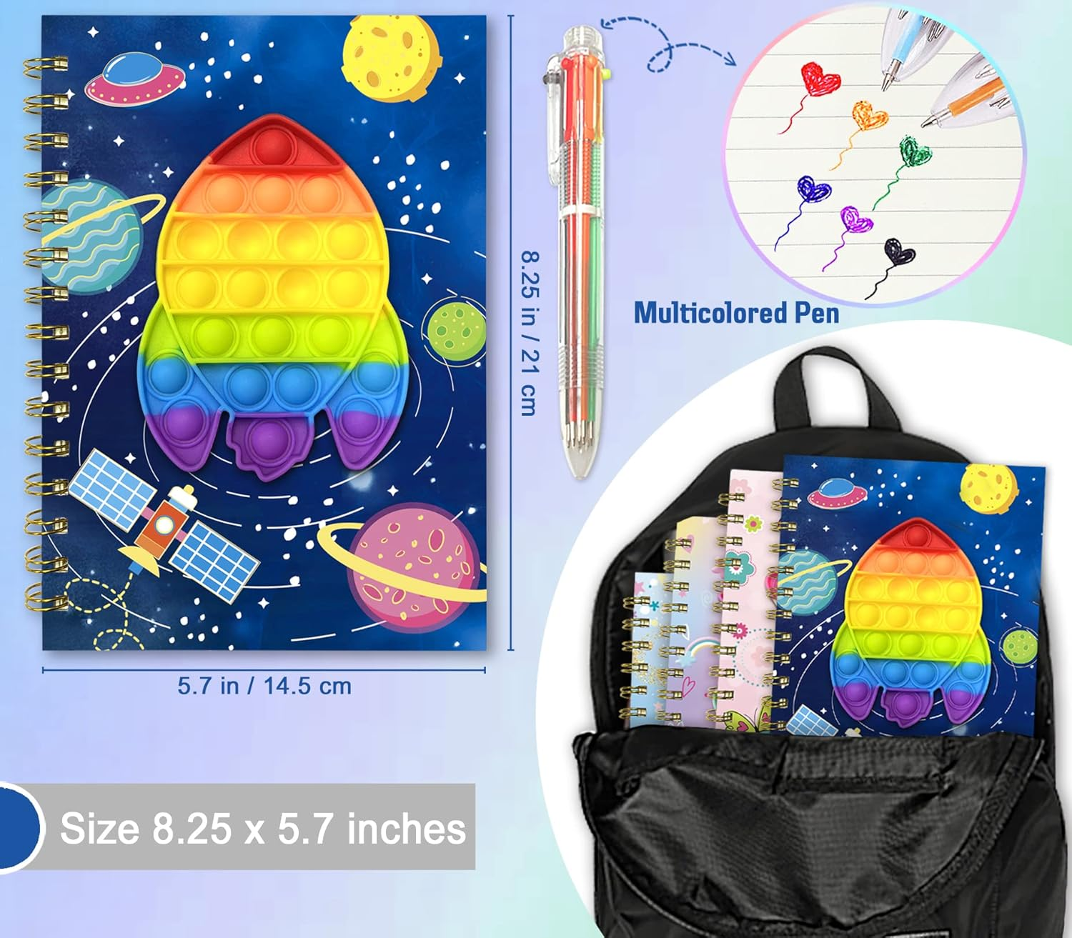Spiral Notebook for Kids with Pen, 21X14.5Cm 160 Lined Pages Spacecraft Pop Notebook for Boys Diary with 6 Multi-Colored Pen Fidget Cute Teenager Journal for Kids Boy Gifts 6 7 8 9 10 Years Old
