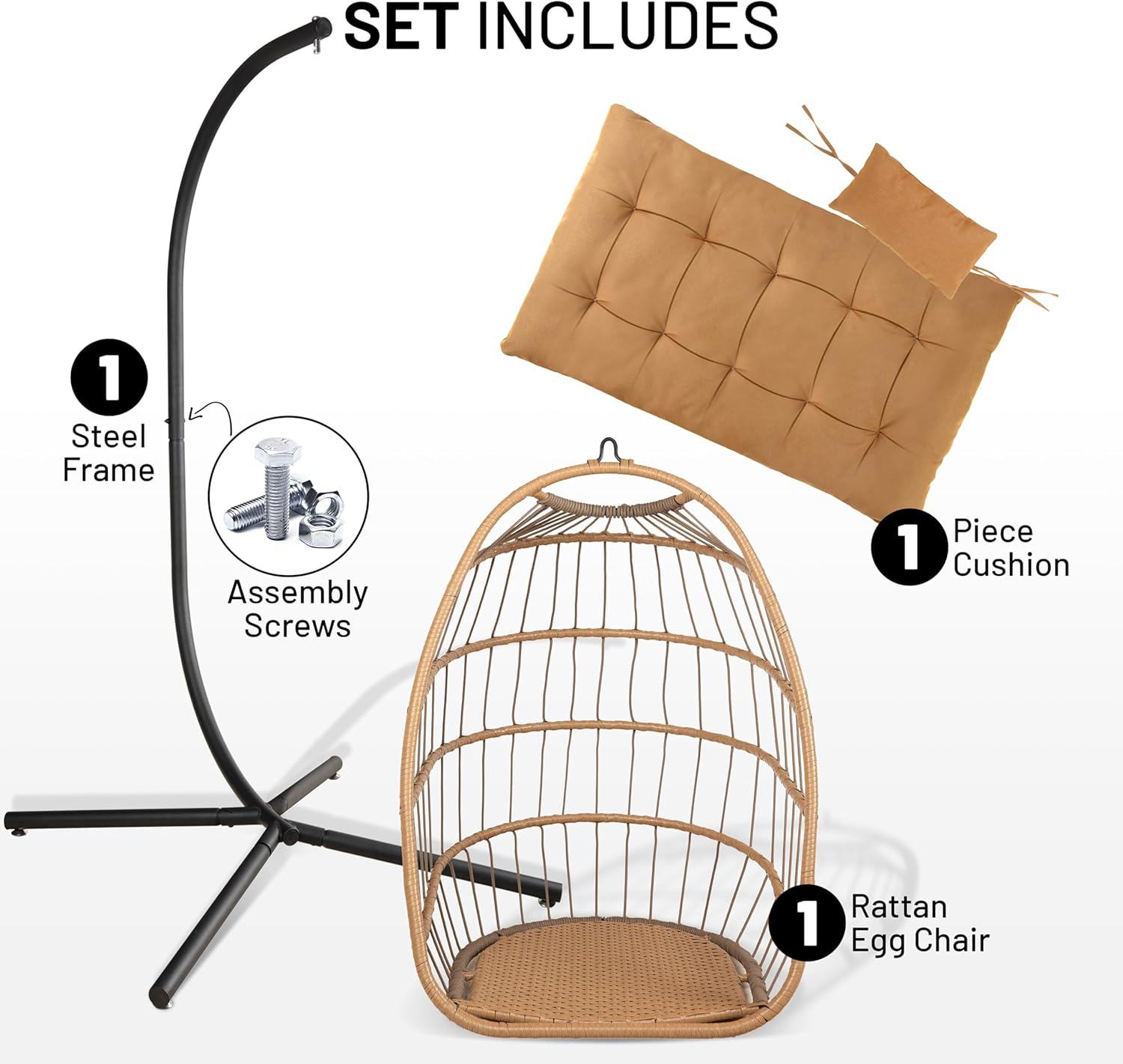 Serenelife Hanging Egg Chair with Stand &ndash; Indoor/Outdoor Swing for Living Room, Patio & Garden &ndash; Rattan Wicker Seat with Cushion &ndash; Brown
