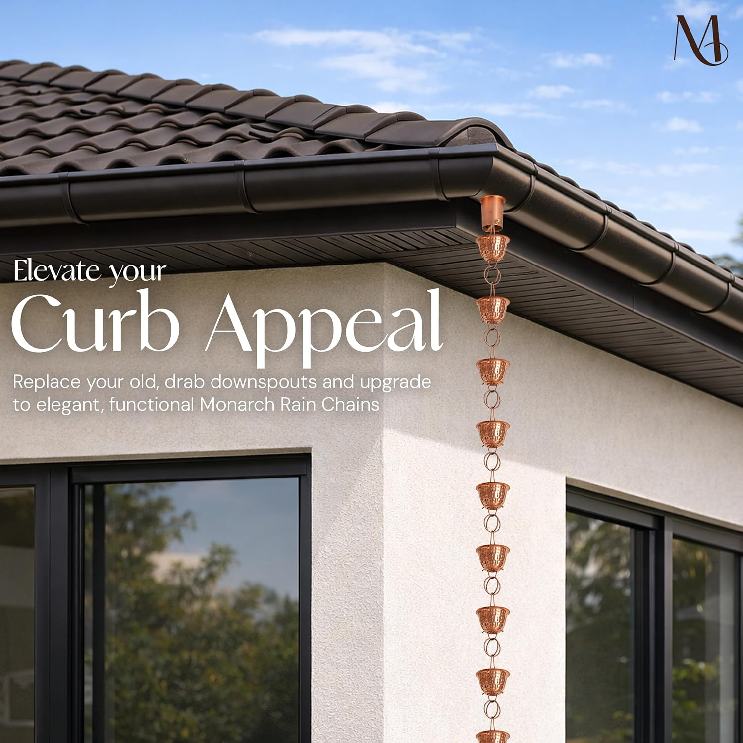 Monarch Rain Chains 26558 Pure Copper Hammered Cup Rain Chain Replacement Downspout for Gutters, 8-1/2 Feet Length image number 5