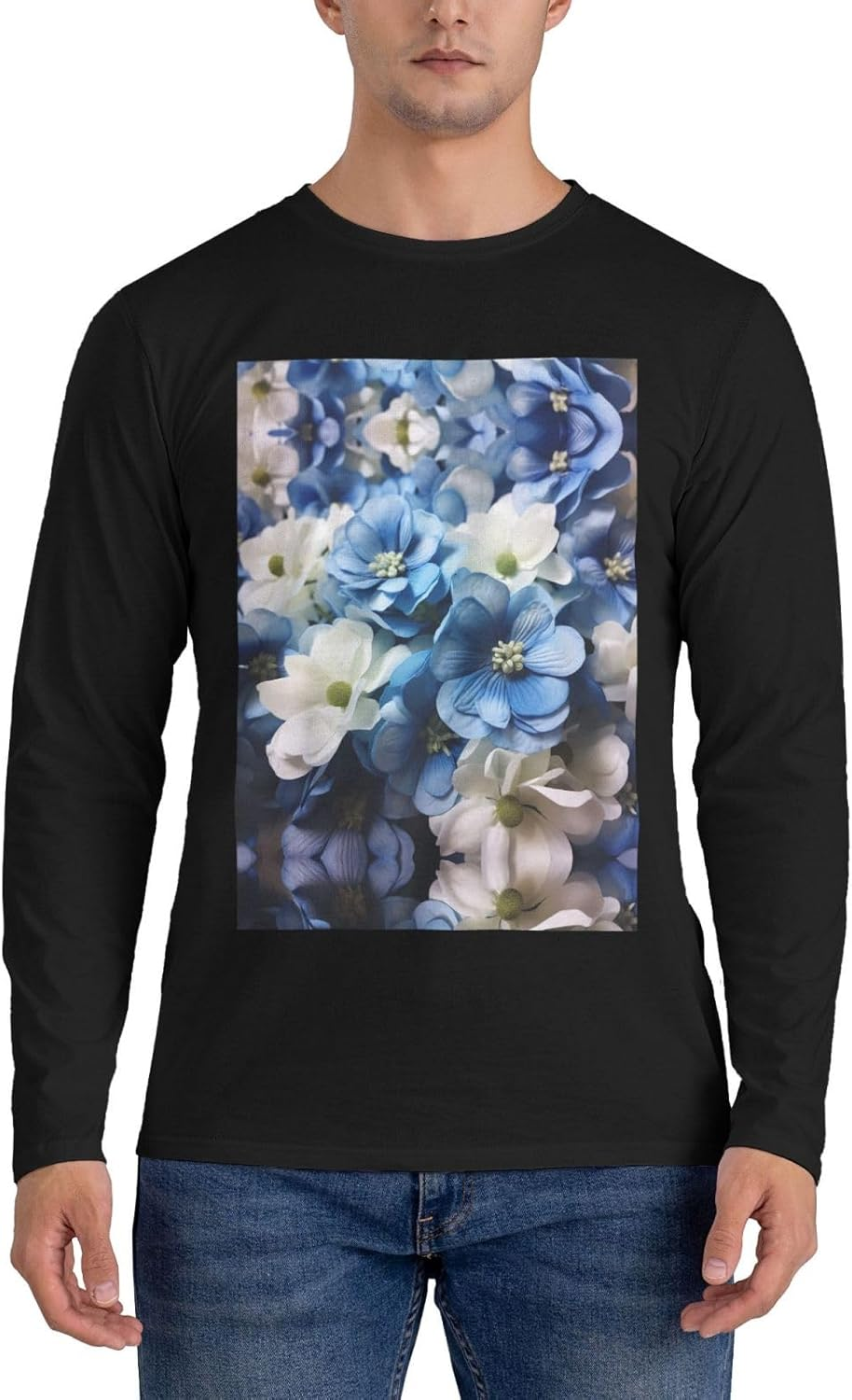 Blue White Flower Men'S round Neck Long Sleeved T-Shirt Casual Long Sleeved Men'S T-Shirt without Pockets