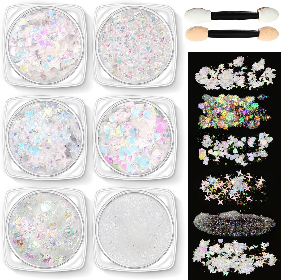 Face & Body Glitter Gel, 6 Shapes Festival Makeup Glitter, Chunky for Face Hair Nails, Holographic Cosmetic Laser Powder Festival Makeup (White, Glitter Gel) - Blue image number 7