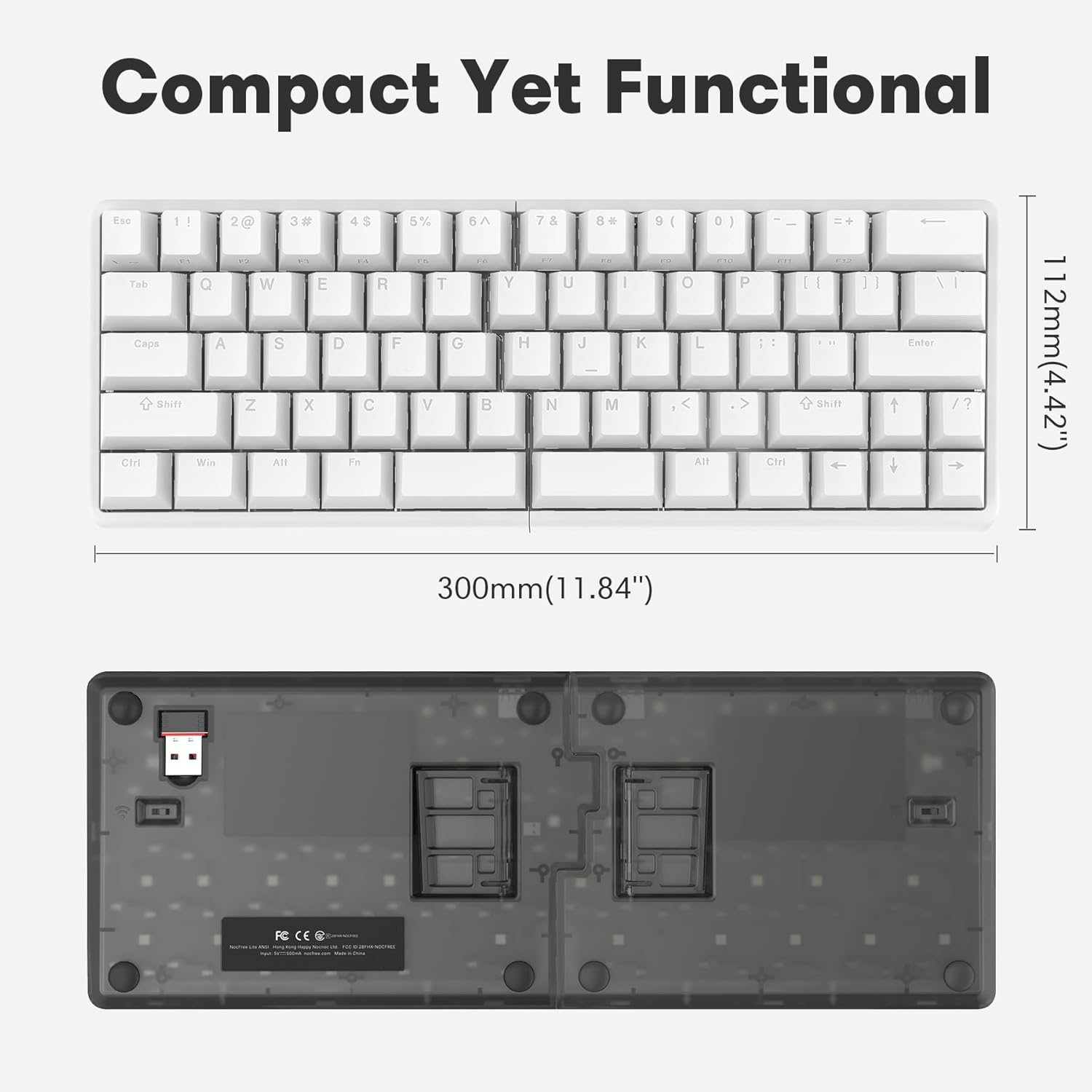 Nocfree Wireless Ergonomic Split Mechanical Keyboard with Wrist Rest- Silent, RGB, Foam, Hot-Swappable, Compact 60% Layout, Palm Rest, Programmable for Mac & Windows, PBT Keycaps