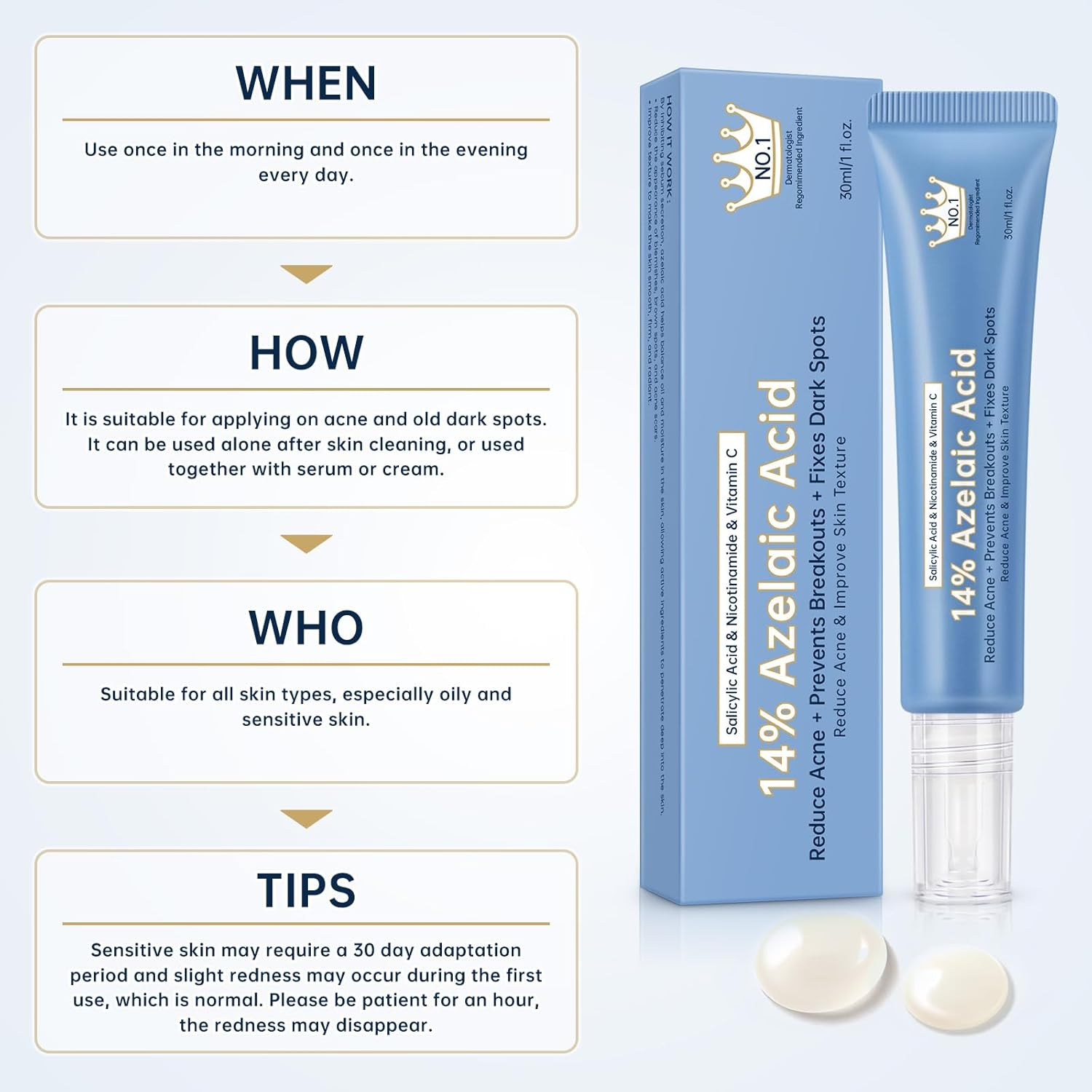 Azelaic Acid 14 Percent Cream for Face, Azelaic Acid Gel, 30ML Azelaic Acid Acne Cream with Salicylic Acid, Niacinamide & Vitamin C for Dark Spot.