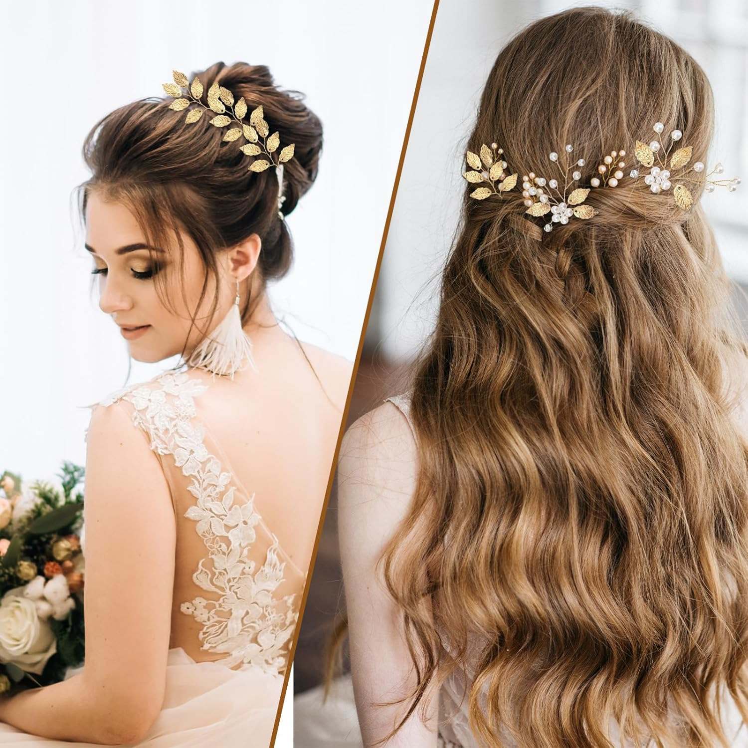 Pack of 6 Bridal Hair Pins Gold Leaves Crystal Beads Vintage Headpiece Hair Clips Hair Accessories Wedding Rhinestone Hair Accessories for Brides Bridesmaids (Gold)