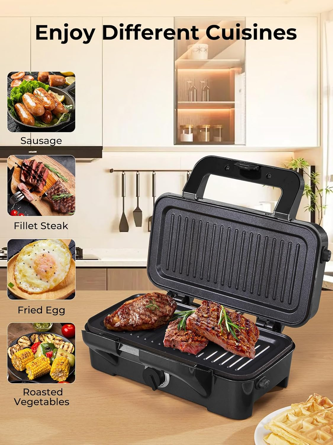 Sandwich Maker 1200 Watt Waffle Iron Sandwich Toaster 3 in 1 (Sandwich, Waffle, Grill Plate), Housnat Contact Grill with 5-Speed Temperature Control and Non-Stick Coating Plates, LED Display image number 3