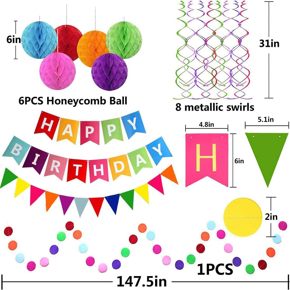 Happy Birthday Banner, Party Decoration, Rainbow Birthday Banner, Birthday Party Decorations Party Supplies, 6 Honeycomb Balls, 8 Metallic Hanging Swirls and Circle Parper Garland image number 4