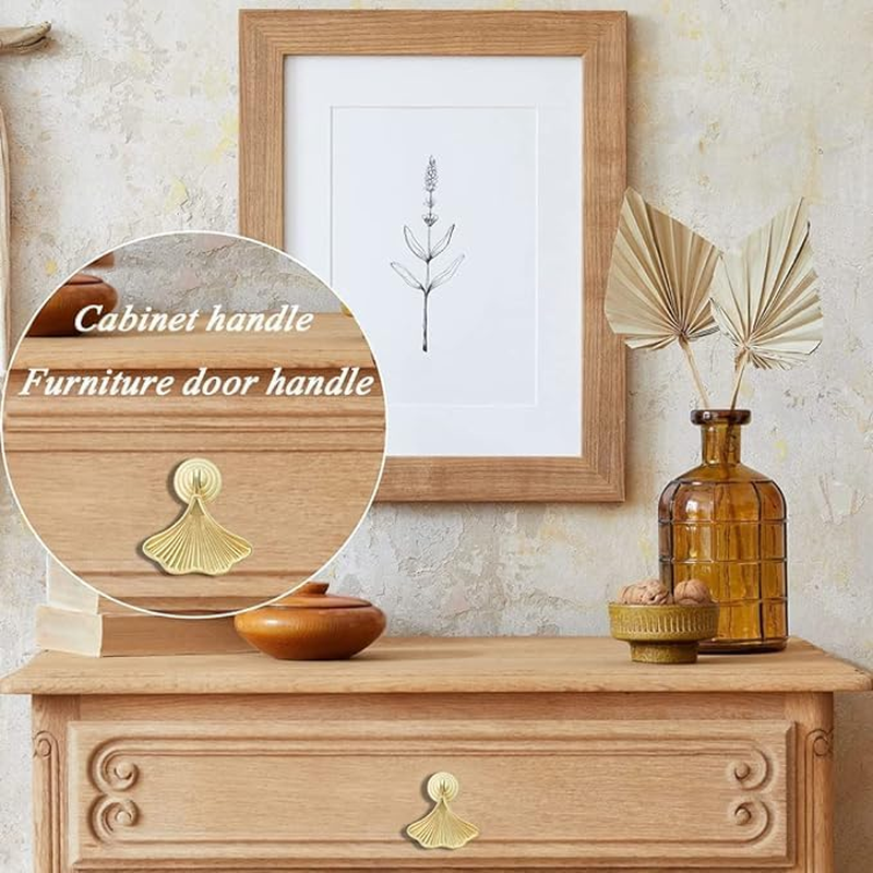 6 PCS Golden Ginkgo Leaf Shape Knob Handles, Drop Pendant Pull Handle with Screws, Hardware Drawer Single Hole Carved Pattern Handle for Wardrobe Cupboard Closets Cupboard image number 4