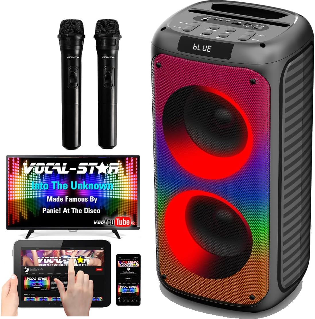 Vocal-Star Portable Karaoke Machine with Bluetooth, 2 Microphones, 100W Speaker, 6 Dazzling LED Full Speaker Lights Effects, Records Vocals, TWS, AUX, Rechargeable image number 5