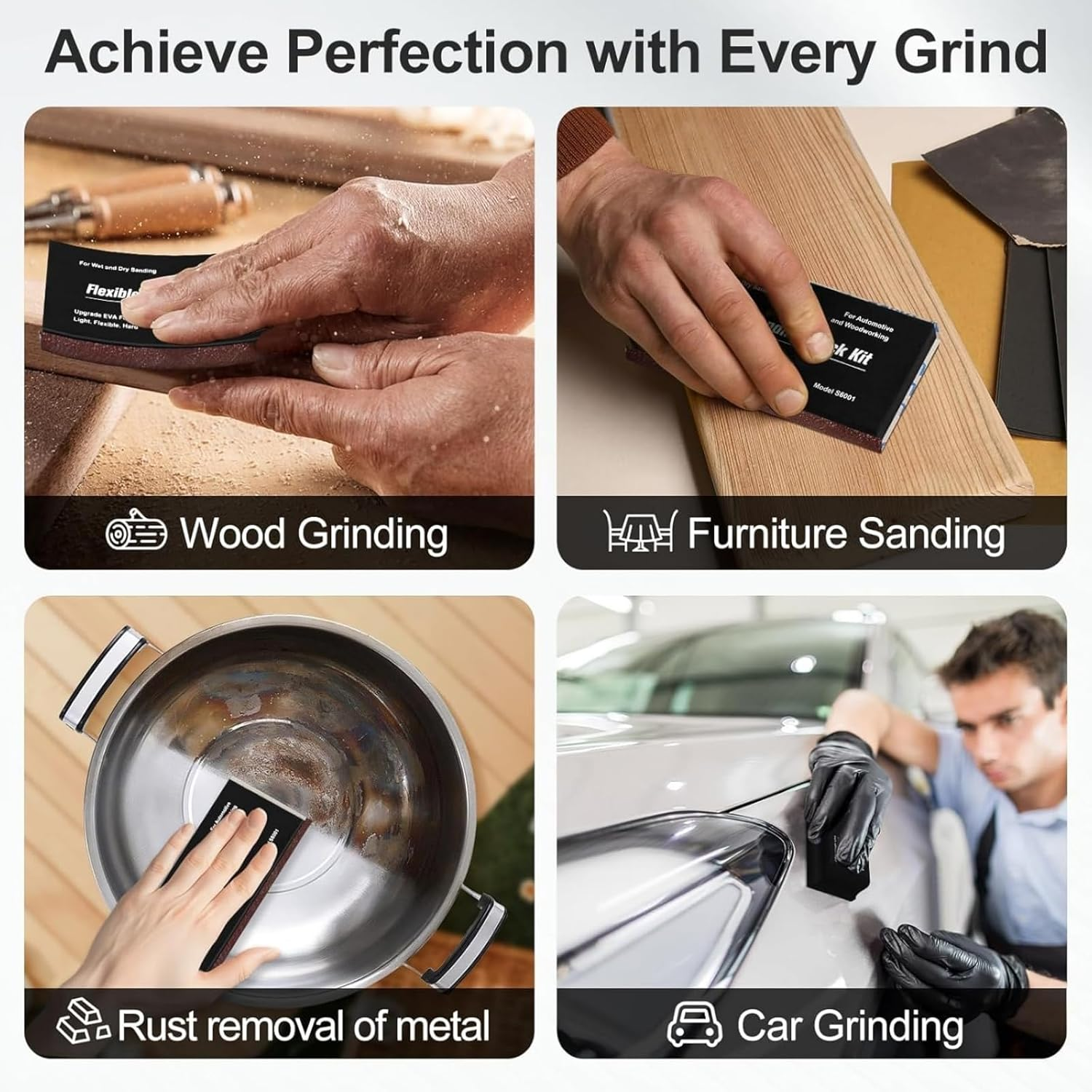 Ssumght Sanding Blocks Kit,7Pcs Flexible EVA Foam for Wet or Dry Autobody, Automotive Car Bodywork Paint, and Woodworking, Includes Sandpaper (Black) image number 3