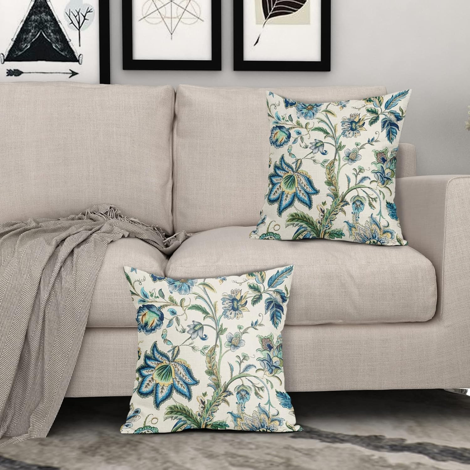 Sweetshow Chinoiserie Outdoor Pillow Covers 16X16 Inch Pack of 2 Boho Blue Floral Pillow Covers Vintage Farmhouse Outdoor Pillowcase Square Linen Cushion Cover for Bedroom Sofa Couch Home Decor image number 3