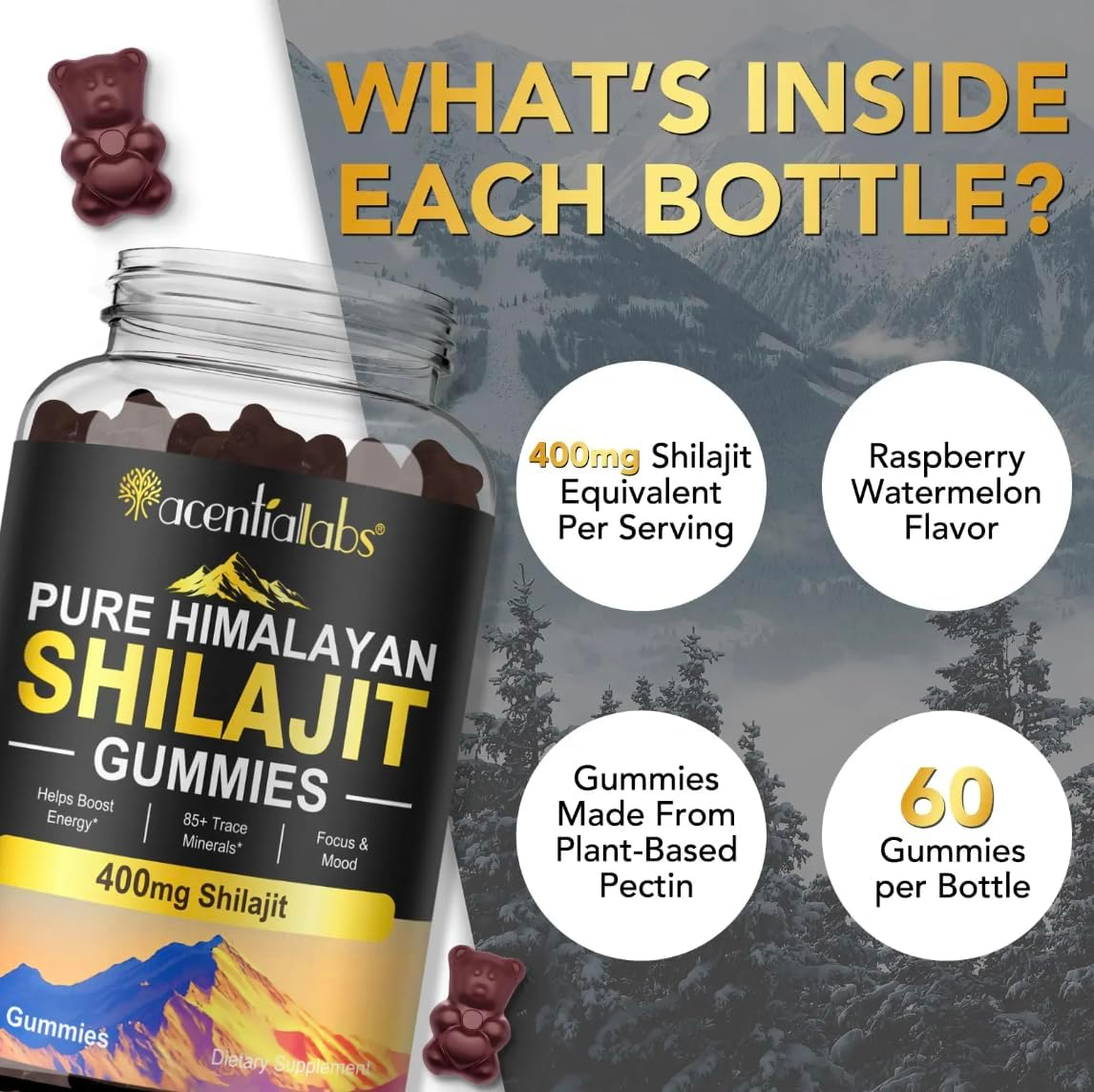 Himalayan Shilajit Gummies &ndash; Organic Natural Supplement with 85+ Trace Minerals for Energy, Focus & Mood Support &ndash; 60 Delicious Gummies image number 1