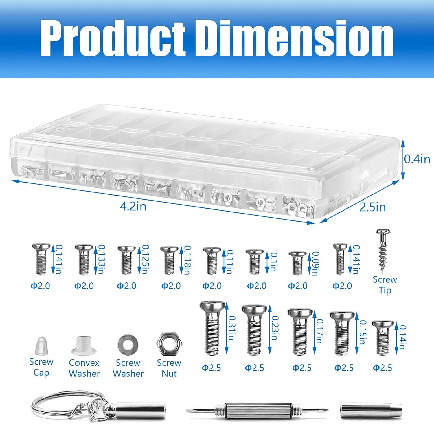 Eyeglasses Repair Tool Kit, Eyeglass Repair Kit with Glasses Screwdriver, 14 Sizes Glasses Screws for Eyeglasses, Sunglasses, Watch, Clock, Electronics Repair (1000Pcs) image number 2