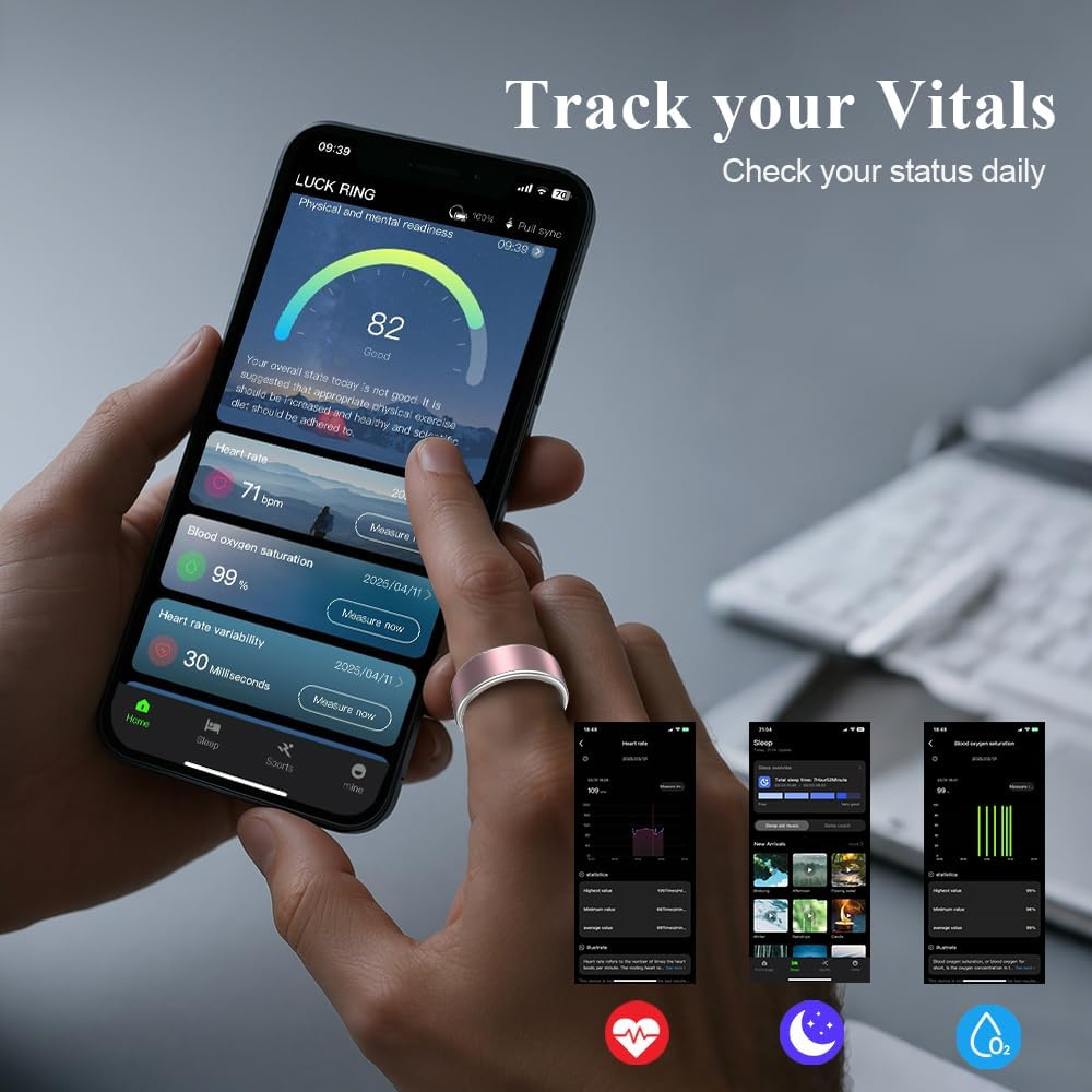 Smart Ring Health Management | Sleep Exercise Monitor |5-7 Days Battery Life | Magnetic Charging Case | Multi-Sport Mode | 10ATM Waterproof | for Men & Women (Pink, Size 7) image number 3