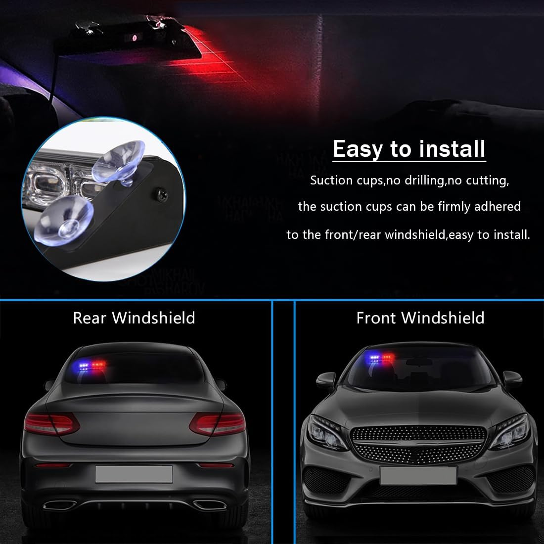 Red Blue LED Emergency Strobe Light,Interior Windshield Safety Warning Police Lights W/Suction Cups,Dash Emergency Flashing Light,For Car,Police Law Enforcement,Firefighter Vehicle