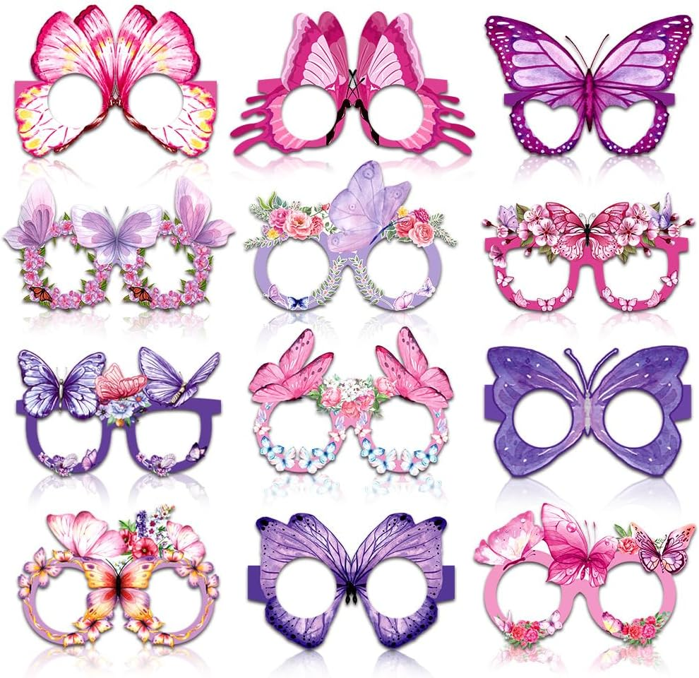 Butterfly Paper Glasses Party Decorations, Photography Props, 12 Pack, Pink and Purple