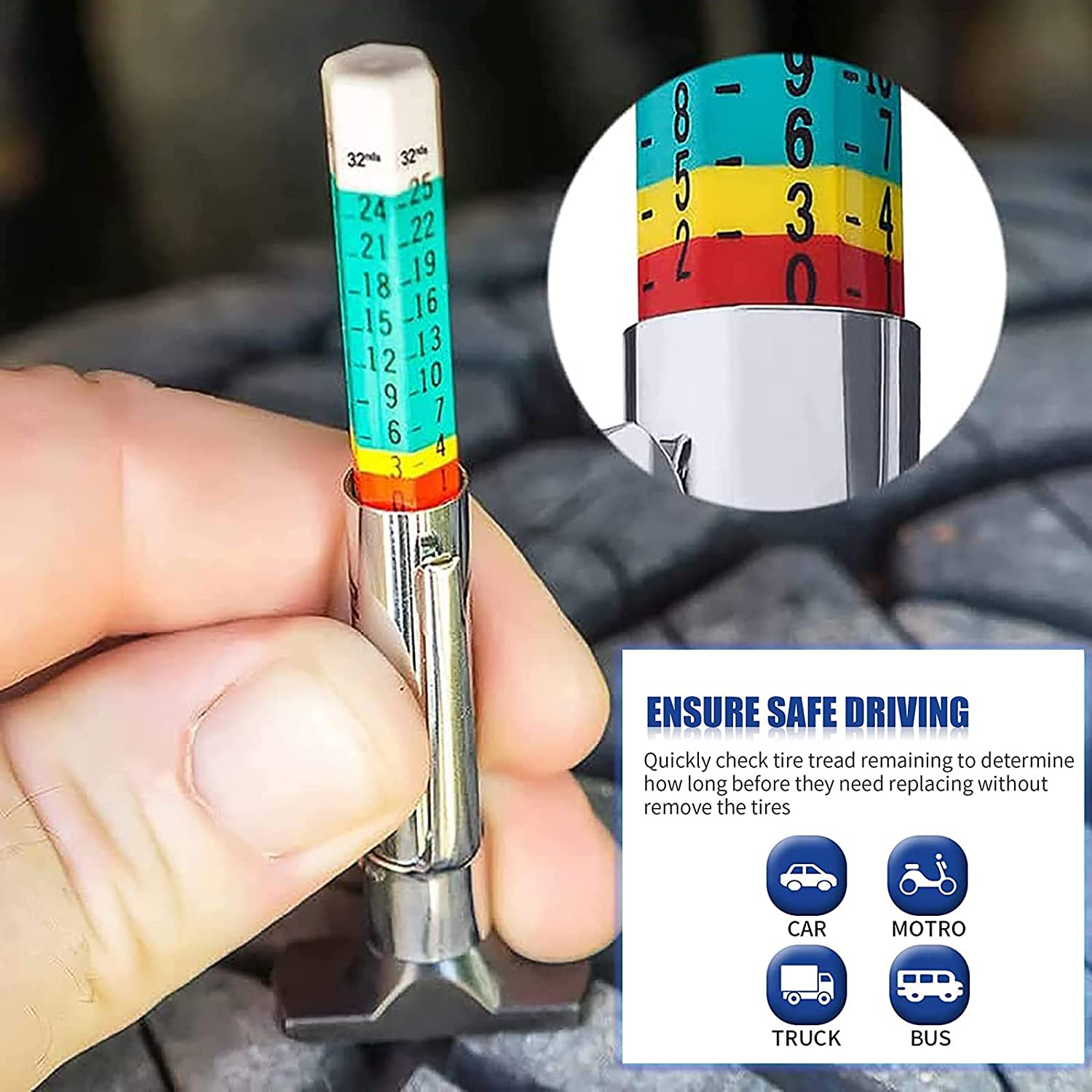 Heeke 2PCS Tire Tread Depth Gauge - Two-Sided Smart Color Coded Tire Tread Depth Measurement Tool Tire Wear Gauge in 32Nds image number 2