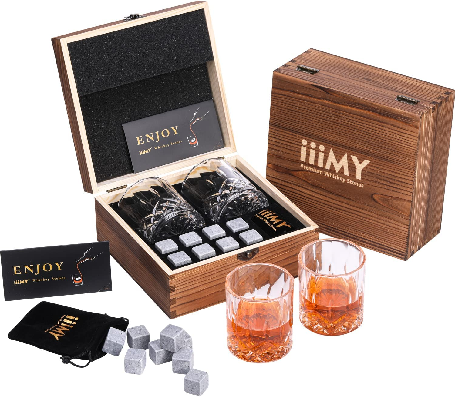 Whiskey Stones and Glasses Gift Set, 8 Whiskey Rocks Chilling Stones and 2 Whisky Glasses in Handmade Wooden Box&ndash; Cool Drinks without Dilution &ndash; Dad, Husband, Men Gift image number 2