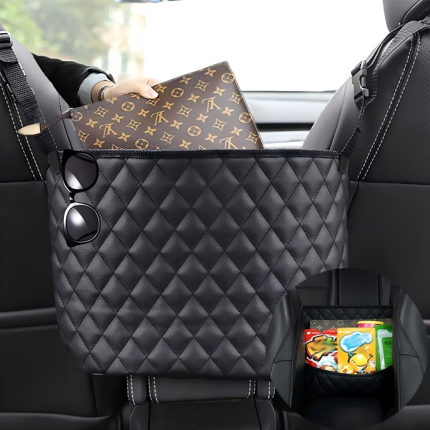 Car Net Pocket Handbag Holder，Purse Holder for Car between Seats，Leather Seat Back Organizer Mesh Large Capacity Bag，Handbag between the Two Seats of the Car