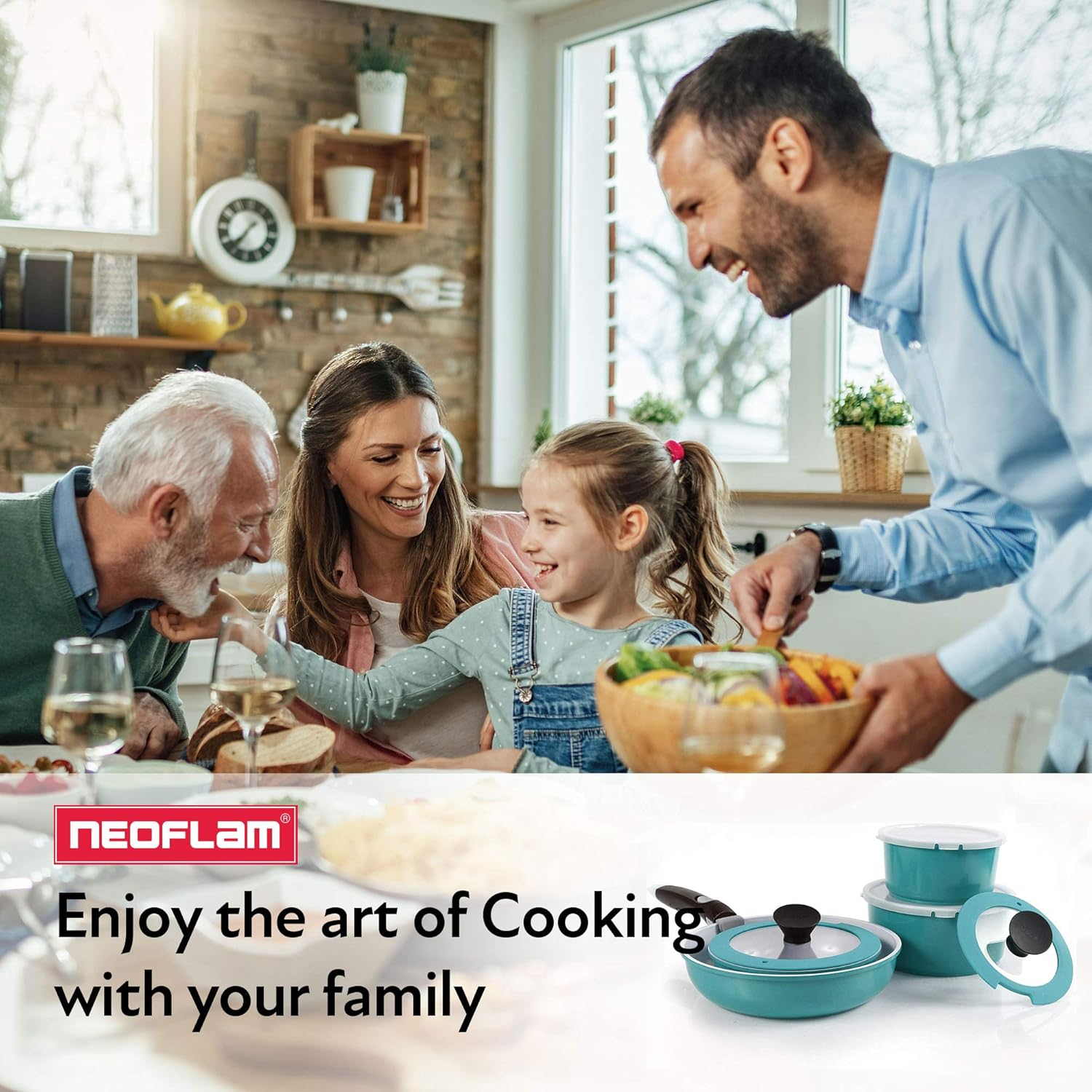 Neoflam Midas plus 9Pc Nonstick Cast Aluminum Cookware Set, PFOA Free Kitchenware with Saucepan,Frying Pan,Stove|Oven Pot, Tempered Glass Lid and Smart Detachable Handle,Oven Safe,Space-Saving,Emerald image number 4